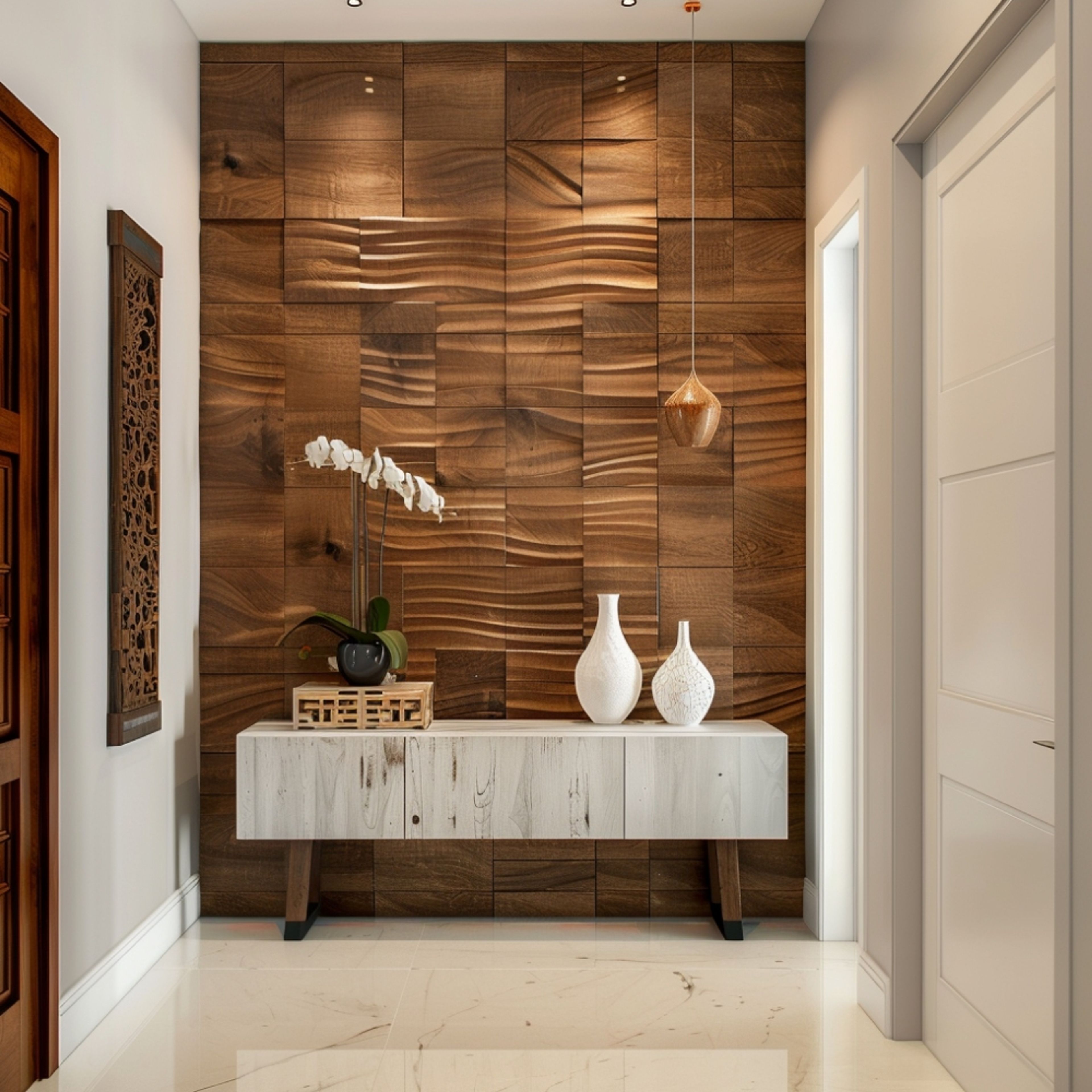 Mid-Century Foyer Design With 3D Panels and Console Table