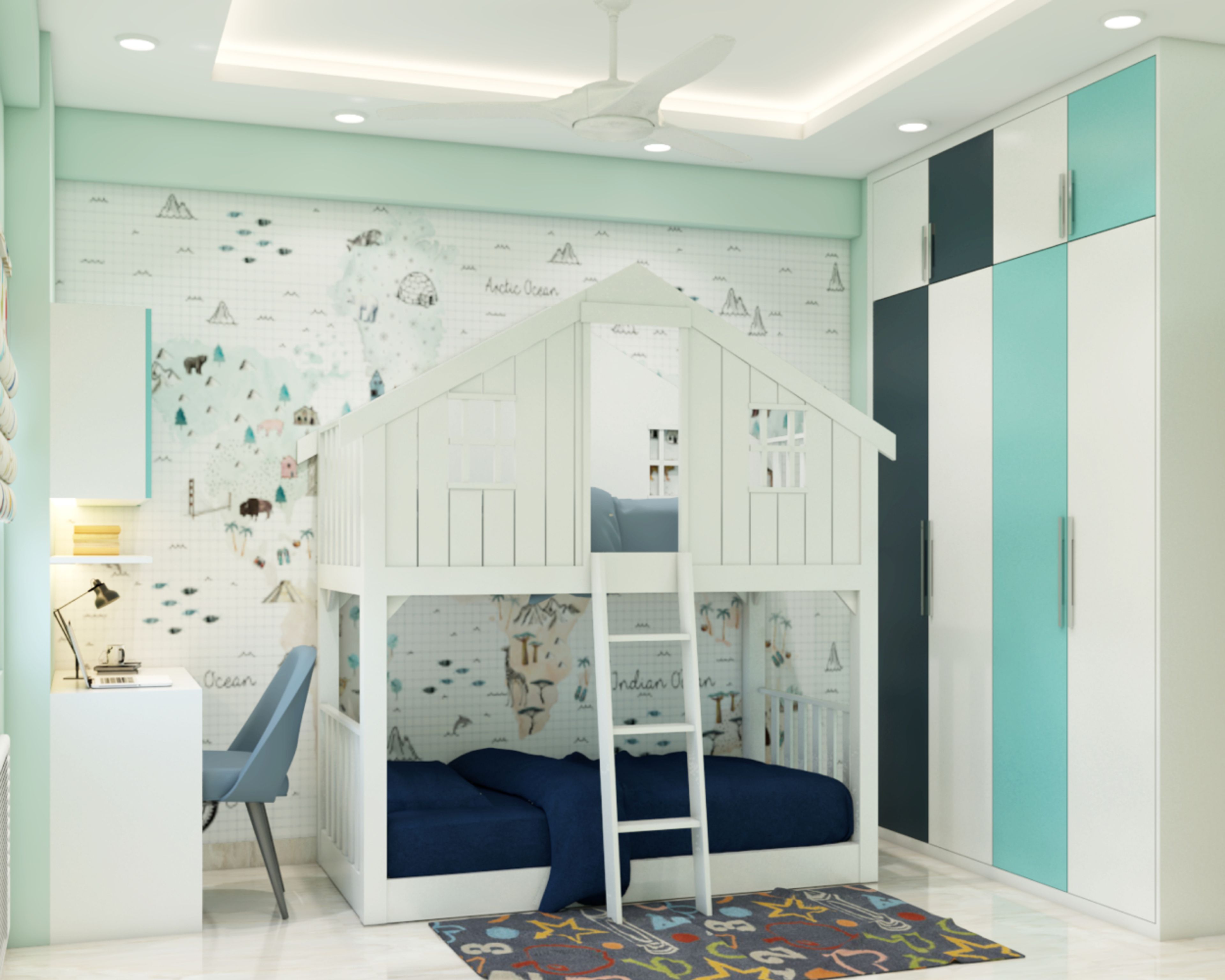 Modern Kids Bedroom Design With Bunk Bed and World Map Wallpaper