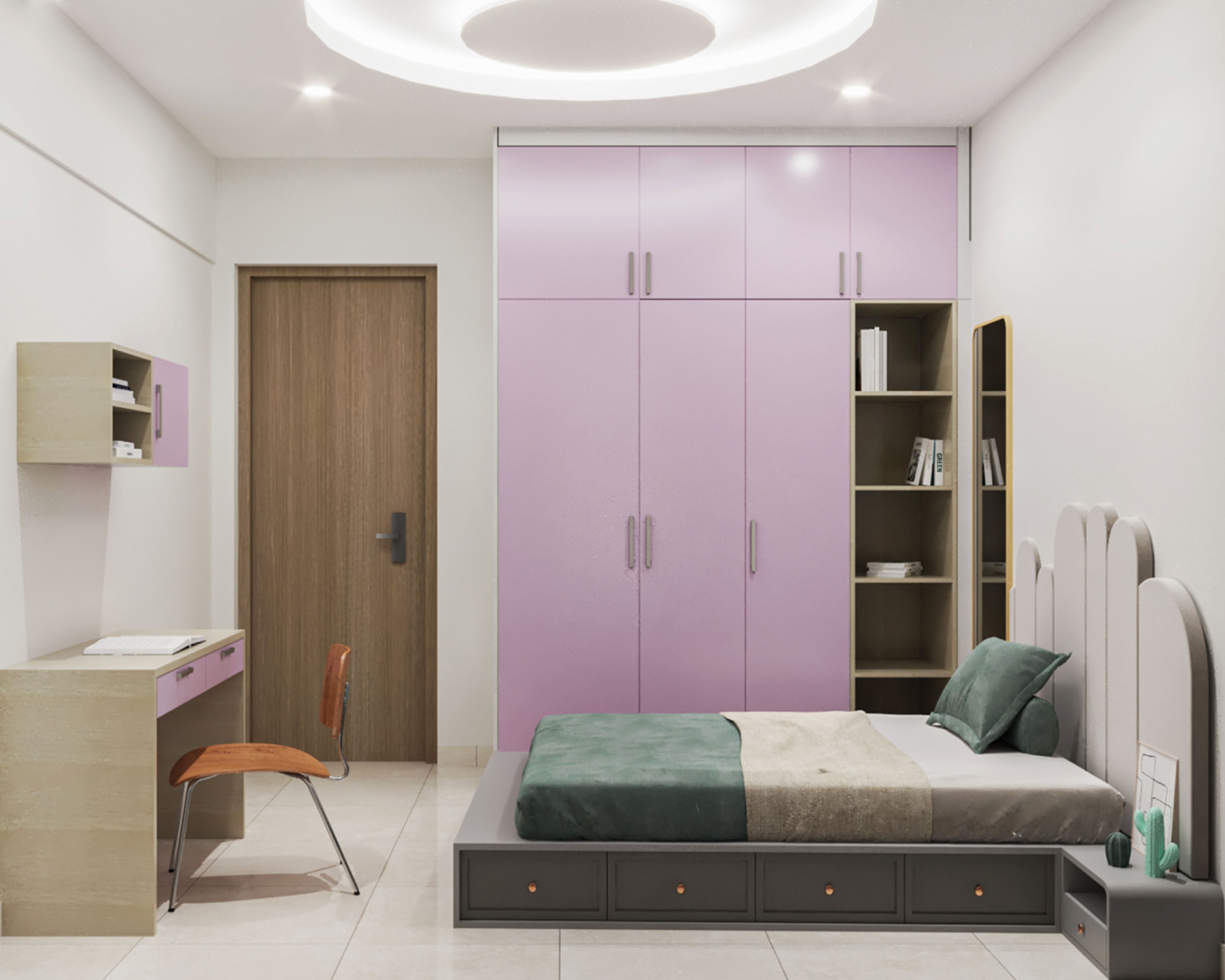 Modern Kids Bedroom Design With Arched Headboard Bed and Study Space