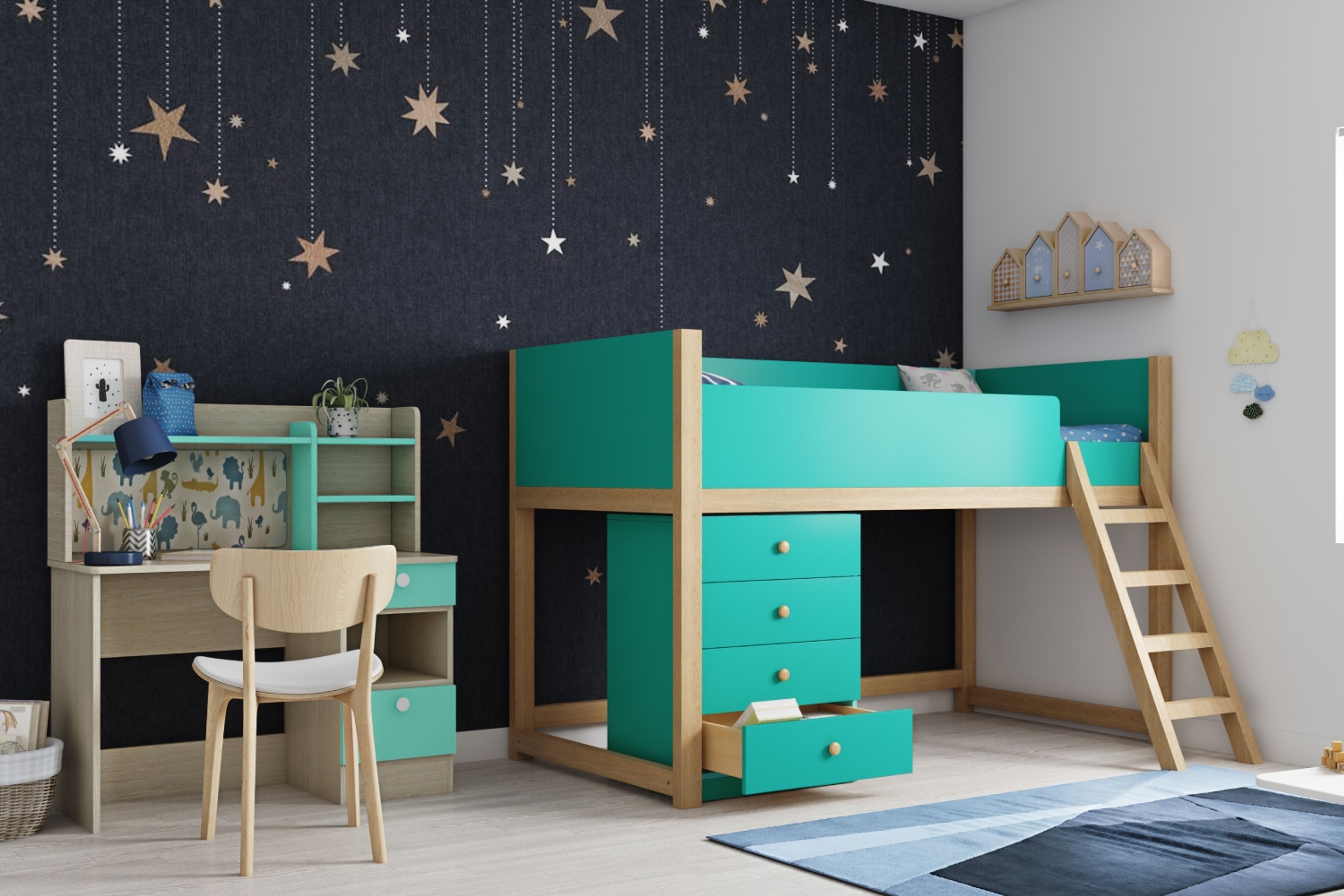 Modern Kids Bedroom Design with Wooden Bed and Star Wallpaper