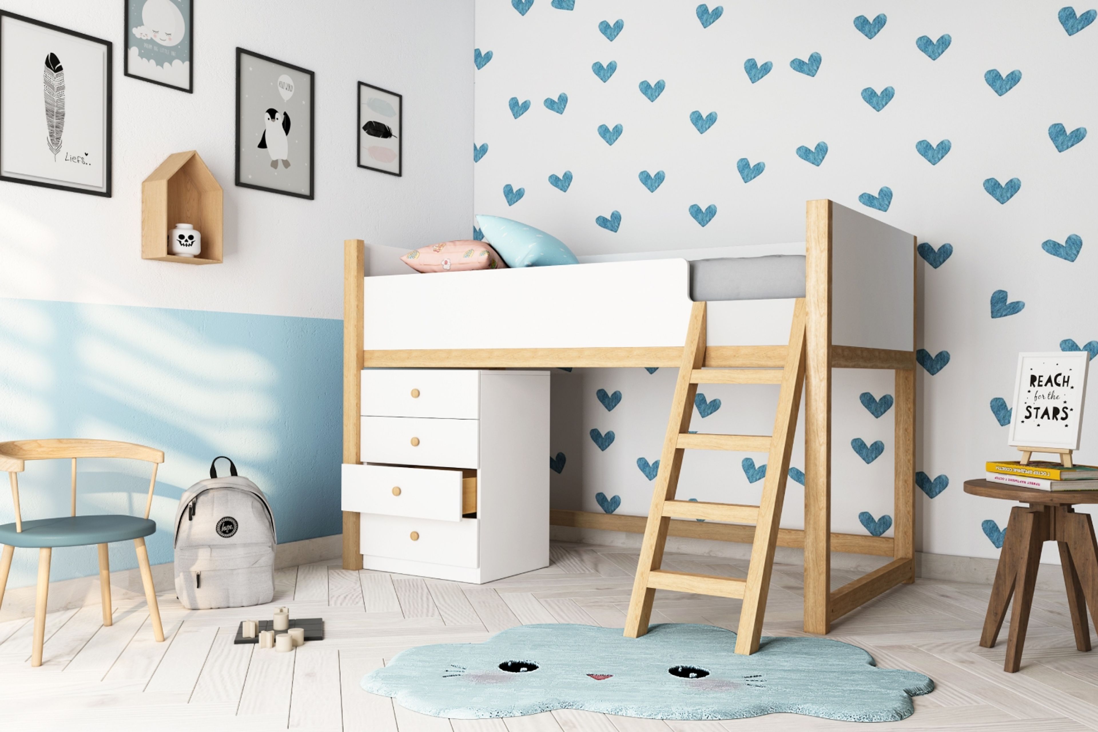 Scandinavian Kids Bedroom Design with Heart Wallpaper and Storage Bed