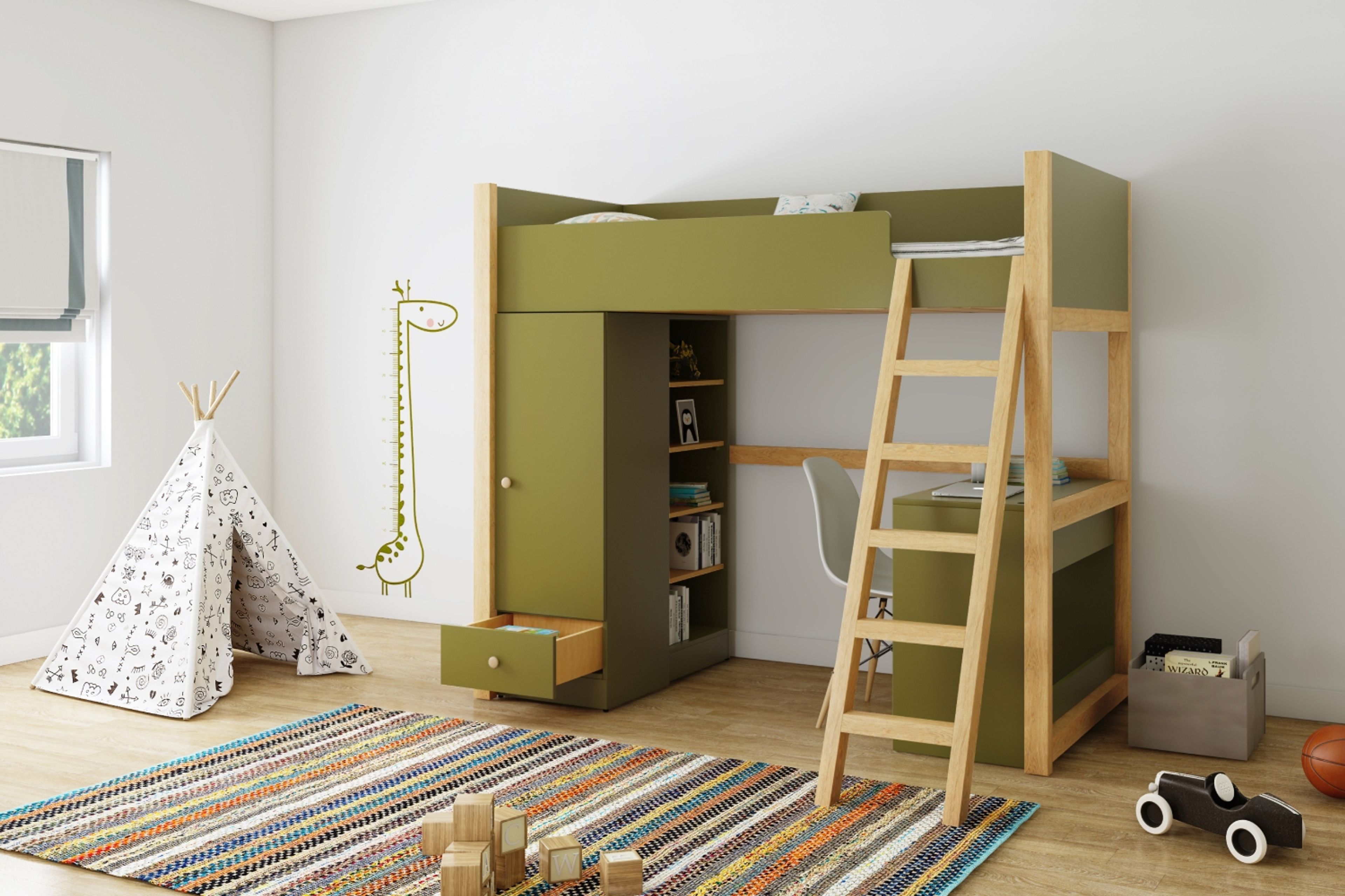 Modern Kids Bedroom Design with Wooden Single Bed with Storage
