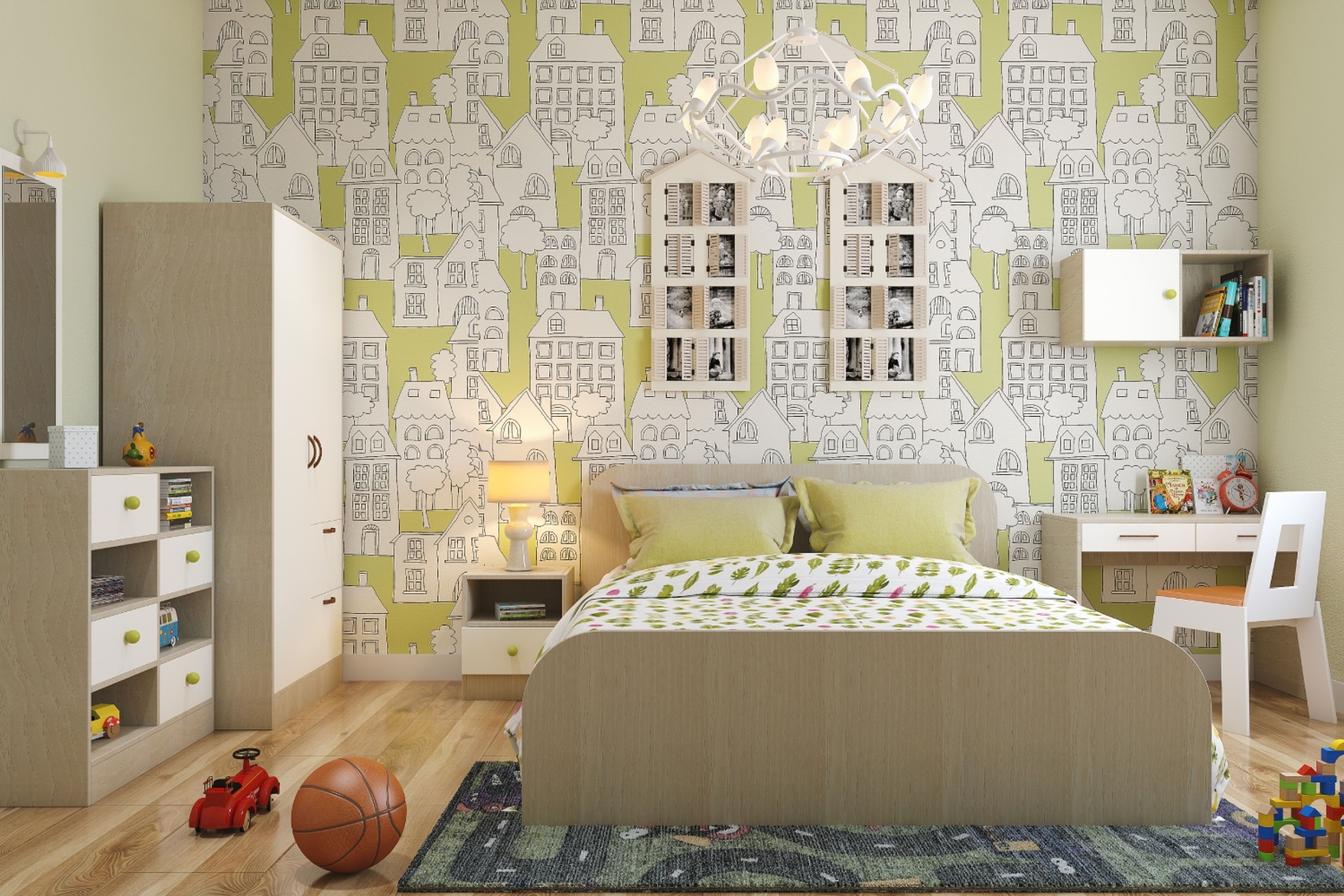 Modern Kids Bedroom Design with Study and Doodle Art Wallpaper