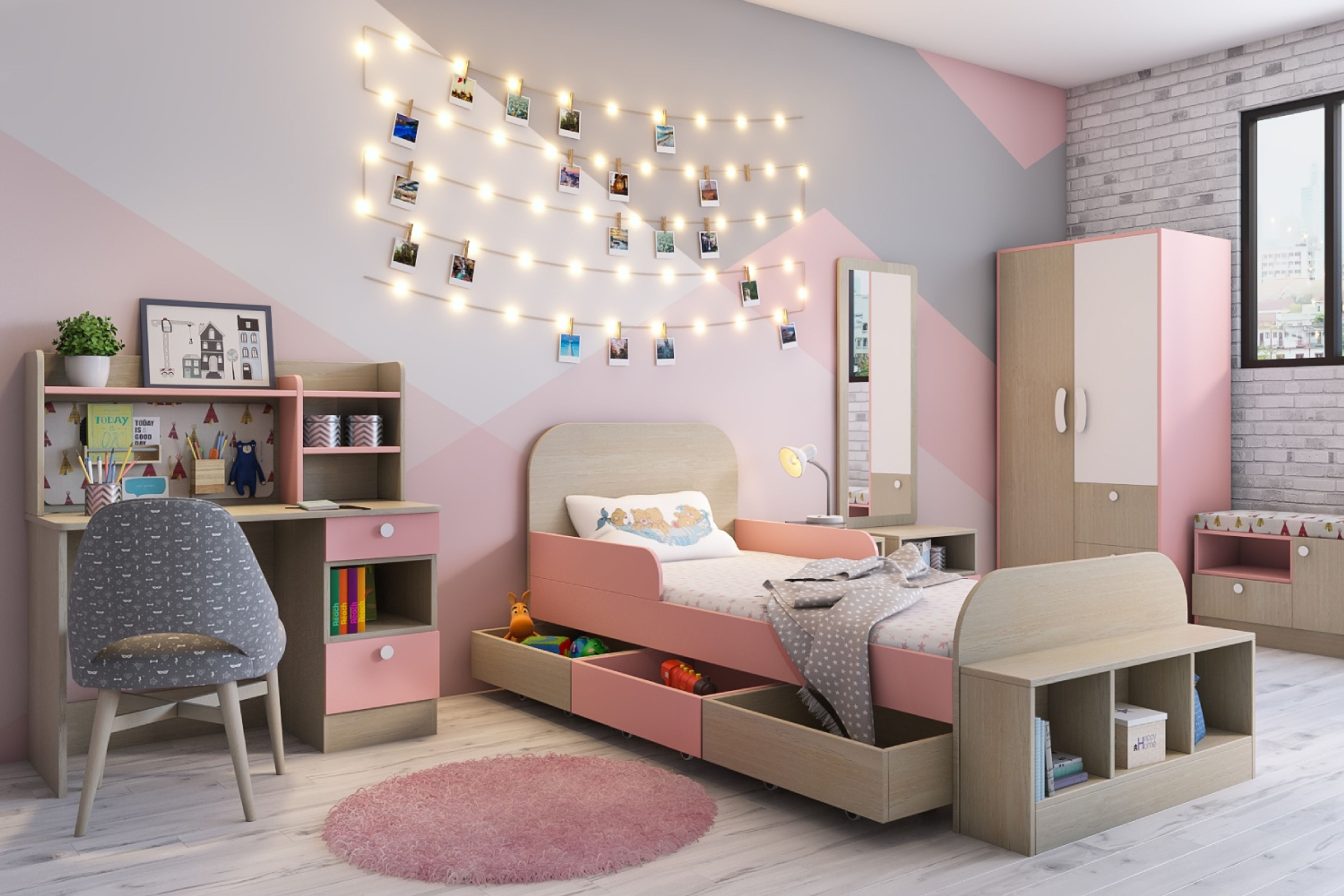 Modern Kids Bedroom Design with Study, Wardrobe, and Photo Lights