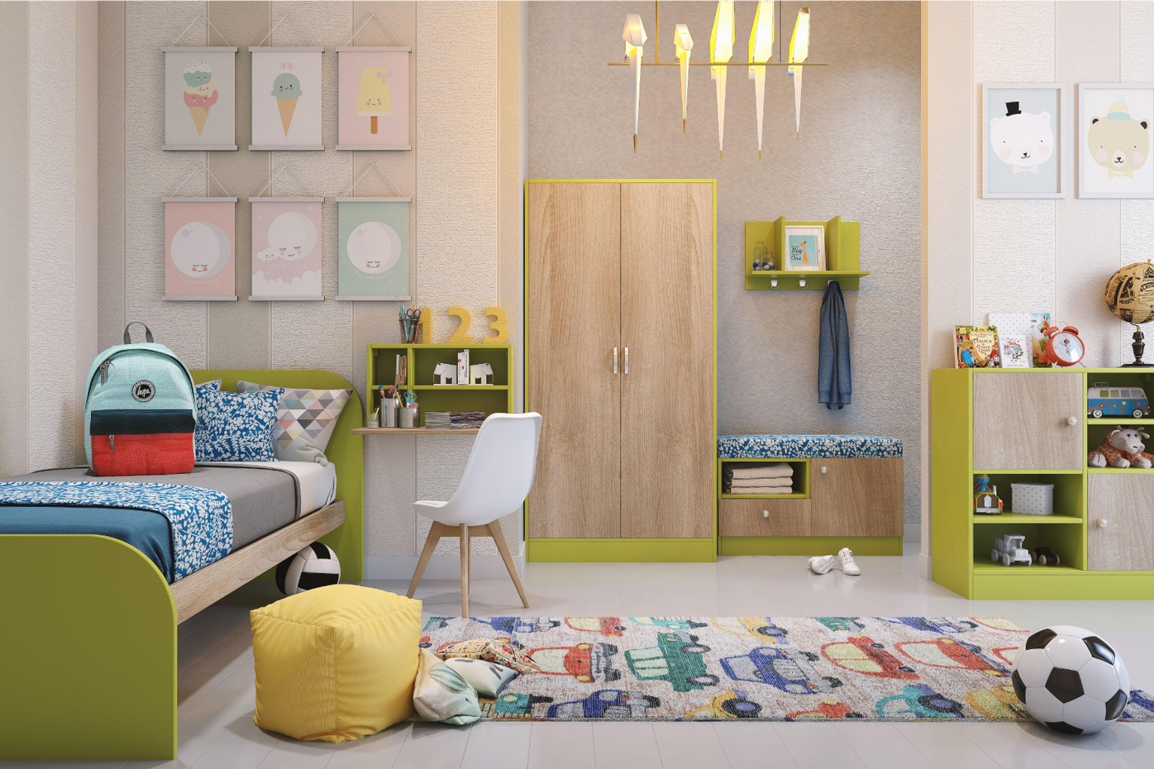 Stylish Modern Kids Bedroom Design with Study Table and Storage Bench