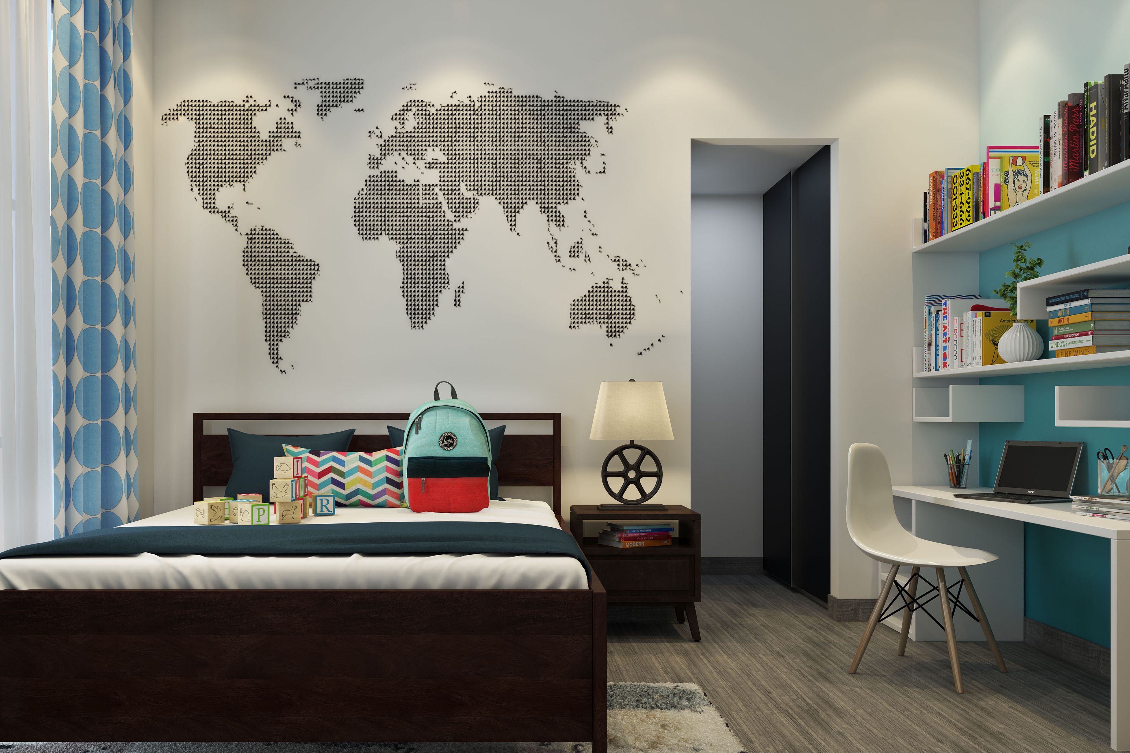Modern Kids Bedroom Design With Wooden Bed and World Map Wallpaper