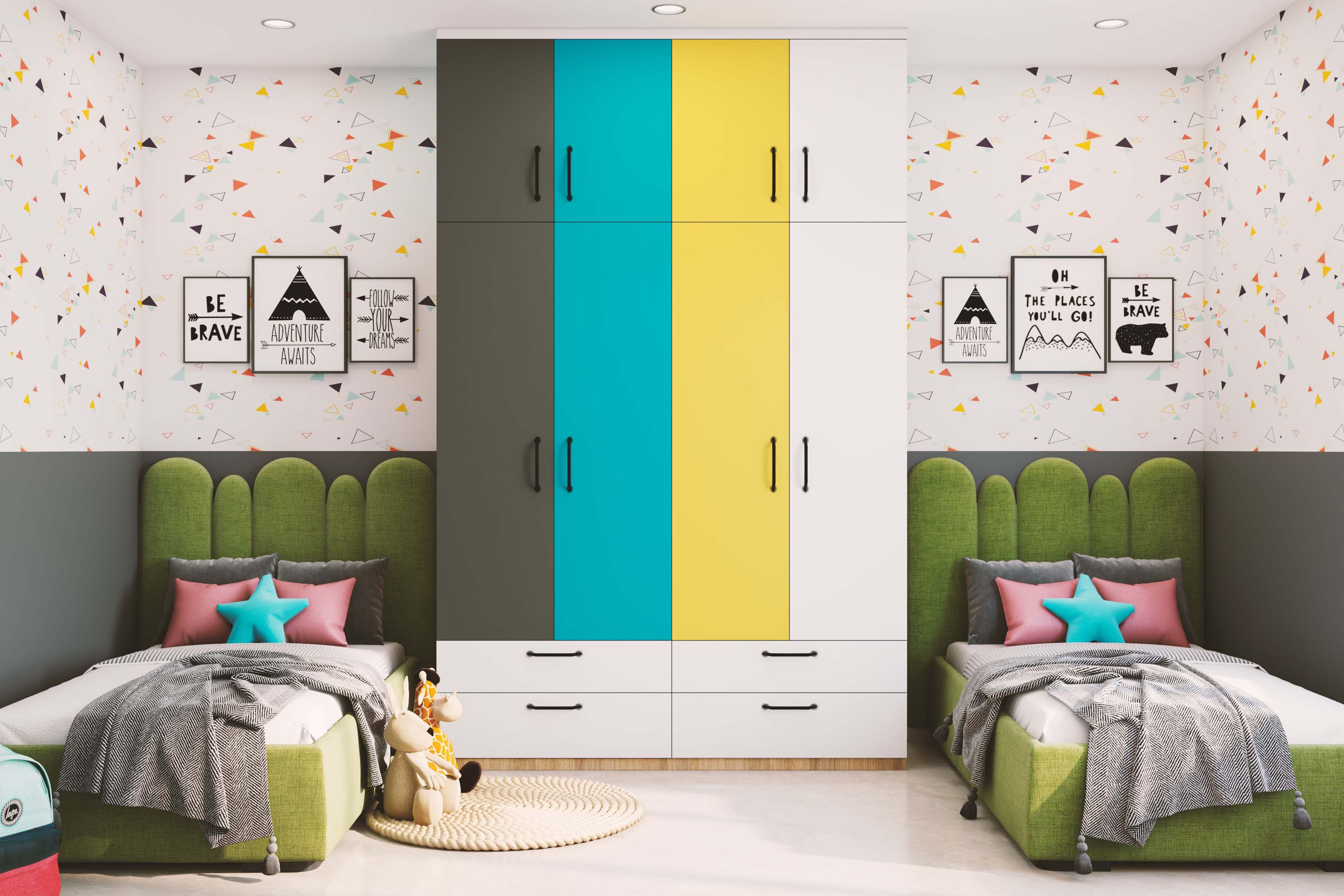 Modern Kids Bedroom Design With Twin Beds and Swing Wardrobe