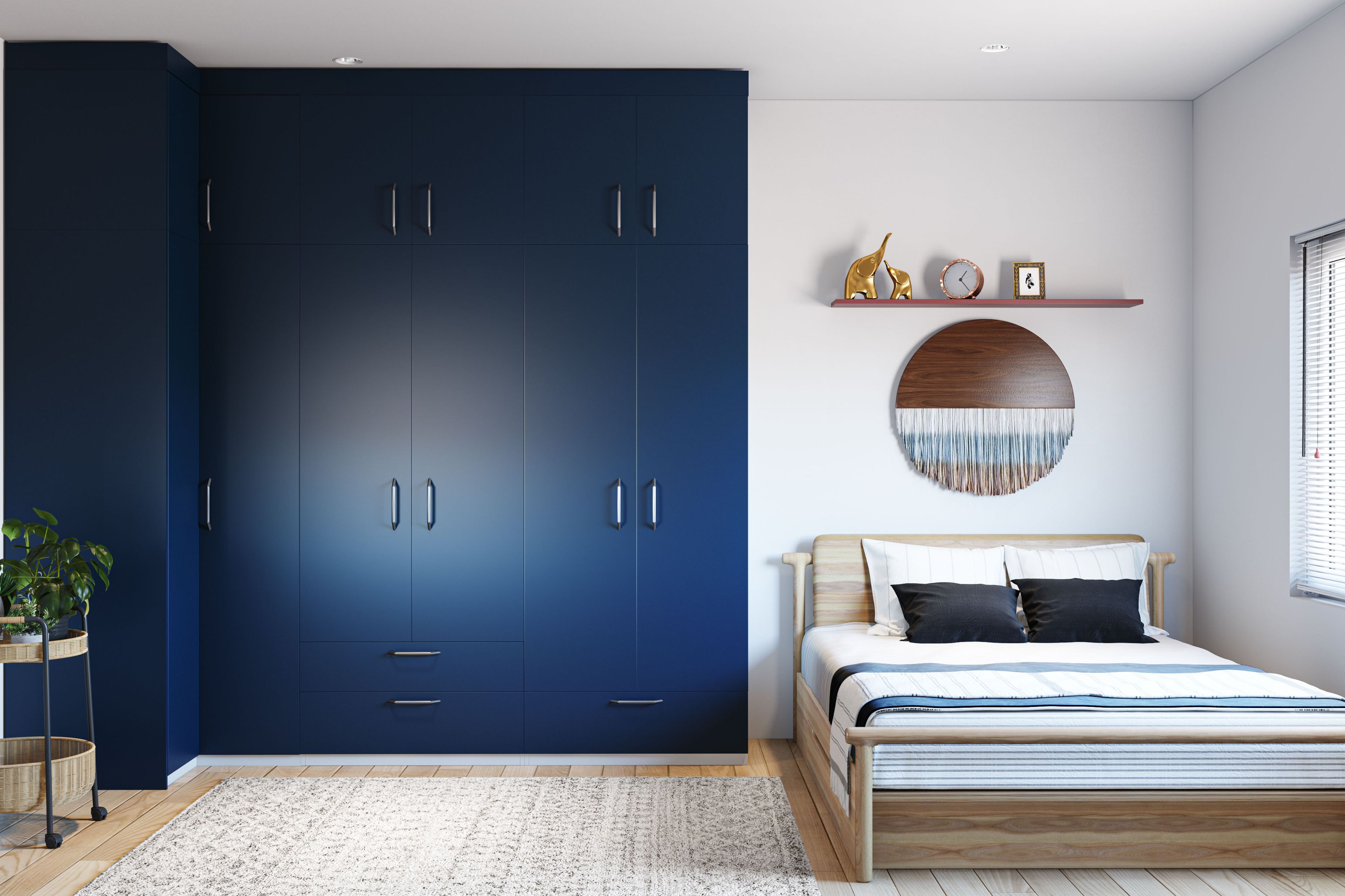 Minimal Kids Bedroom Design With Double Bed and Swing Wardrobe
