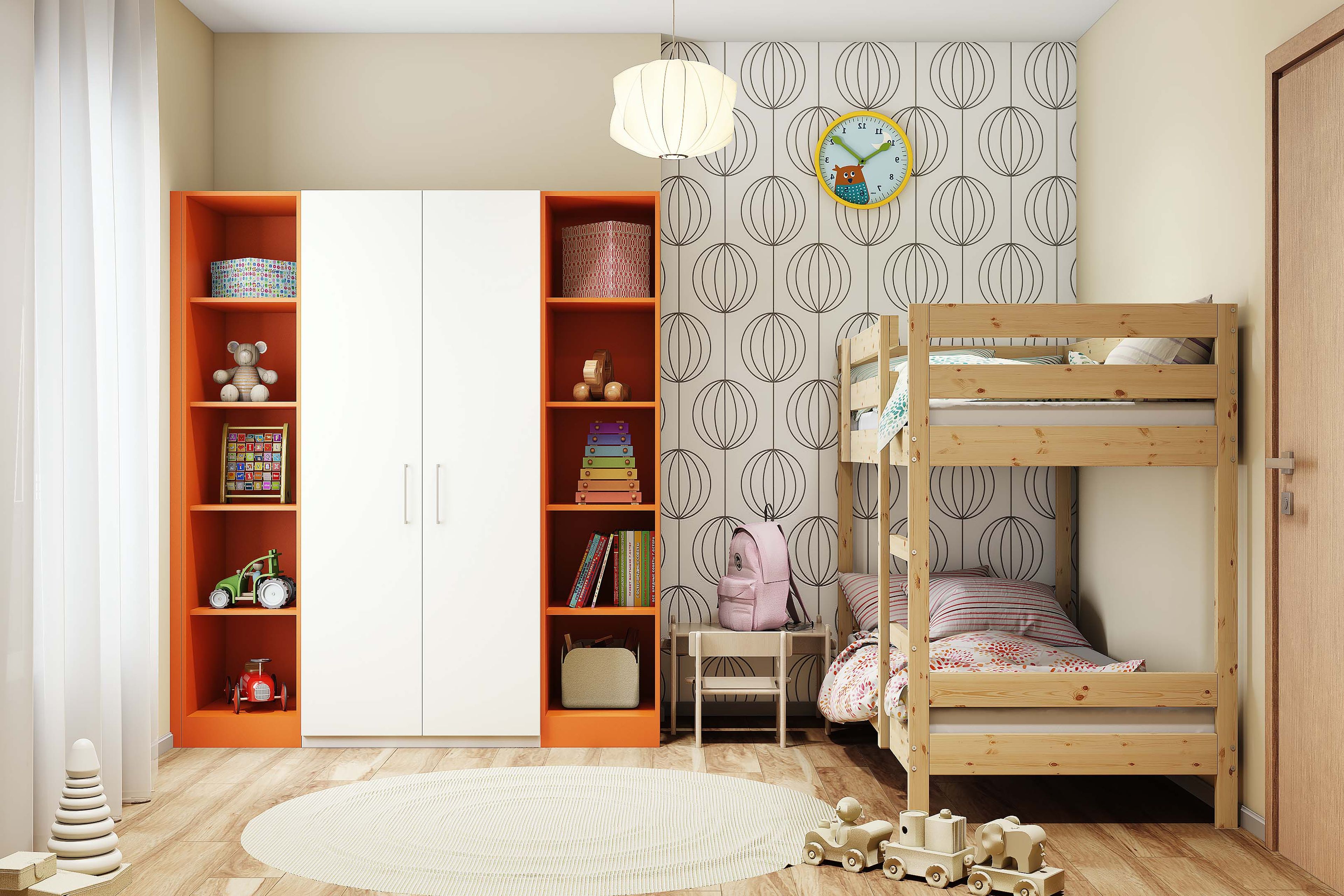 Modern Kids Bedroom Design With Wooden Bunk Bed and Swing Wardrobe