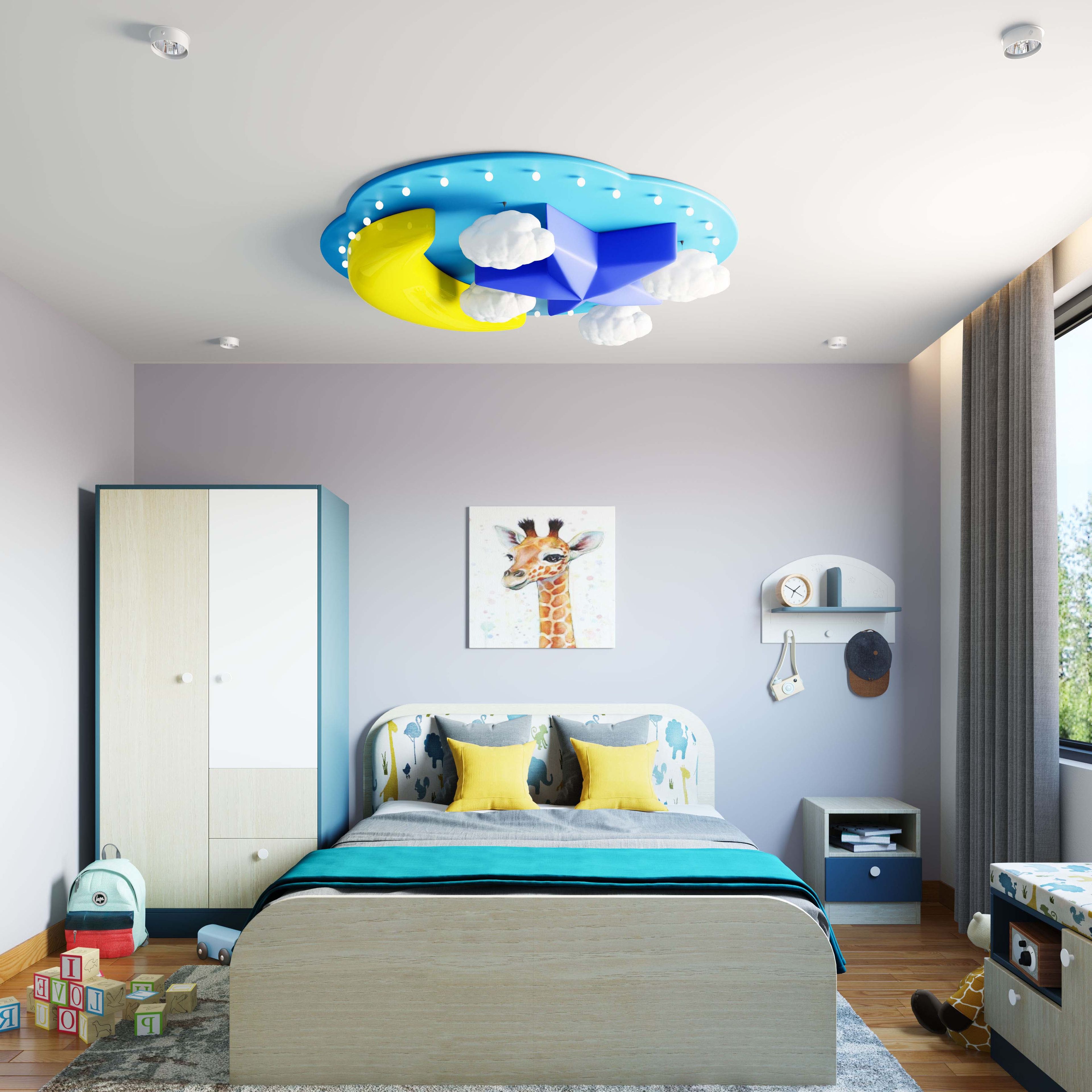 Minimal Kids Bedroom Design With Double Bed and Purple Walls