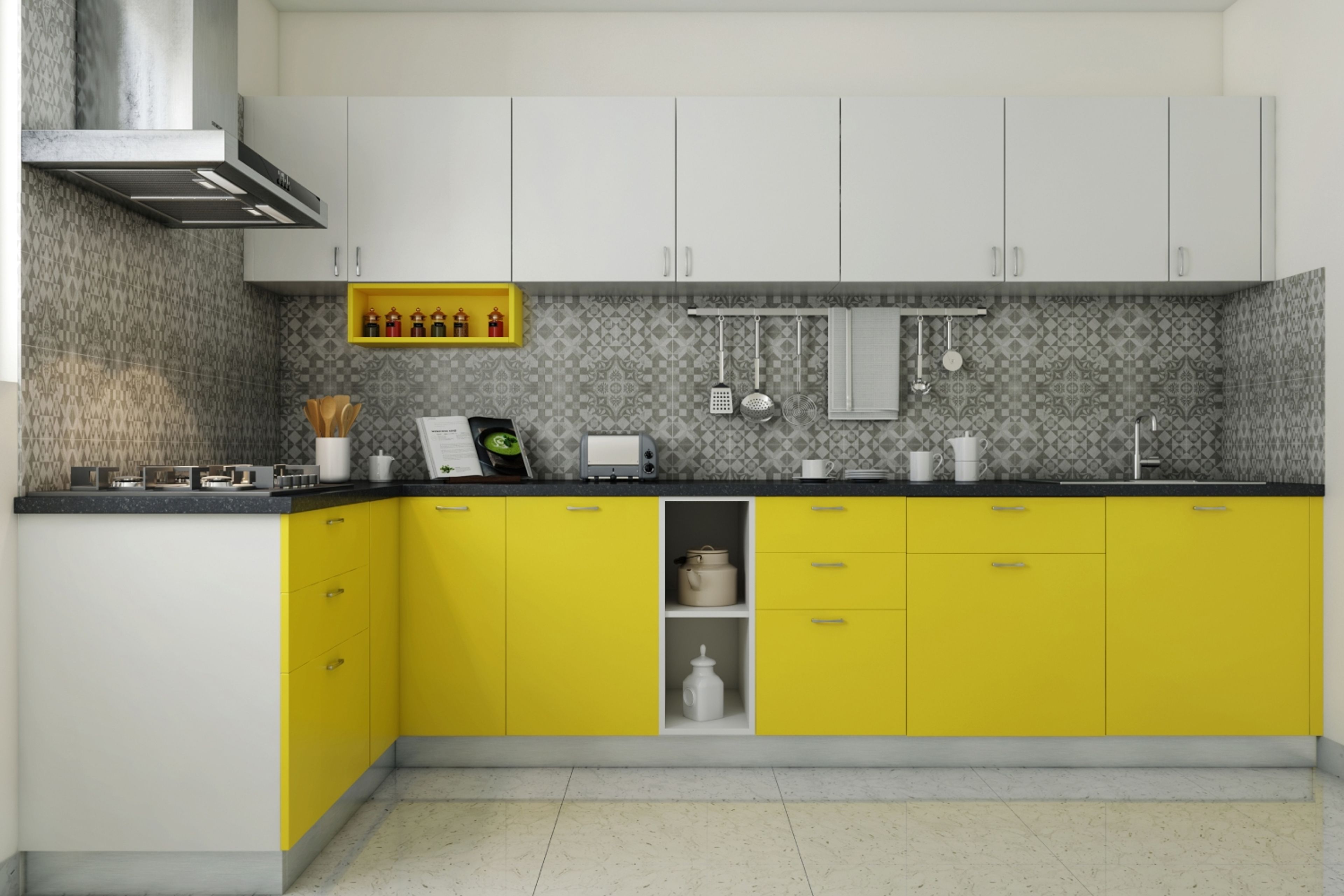 Modern L-Shaped Kitchen Design with Yellow Base Unit