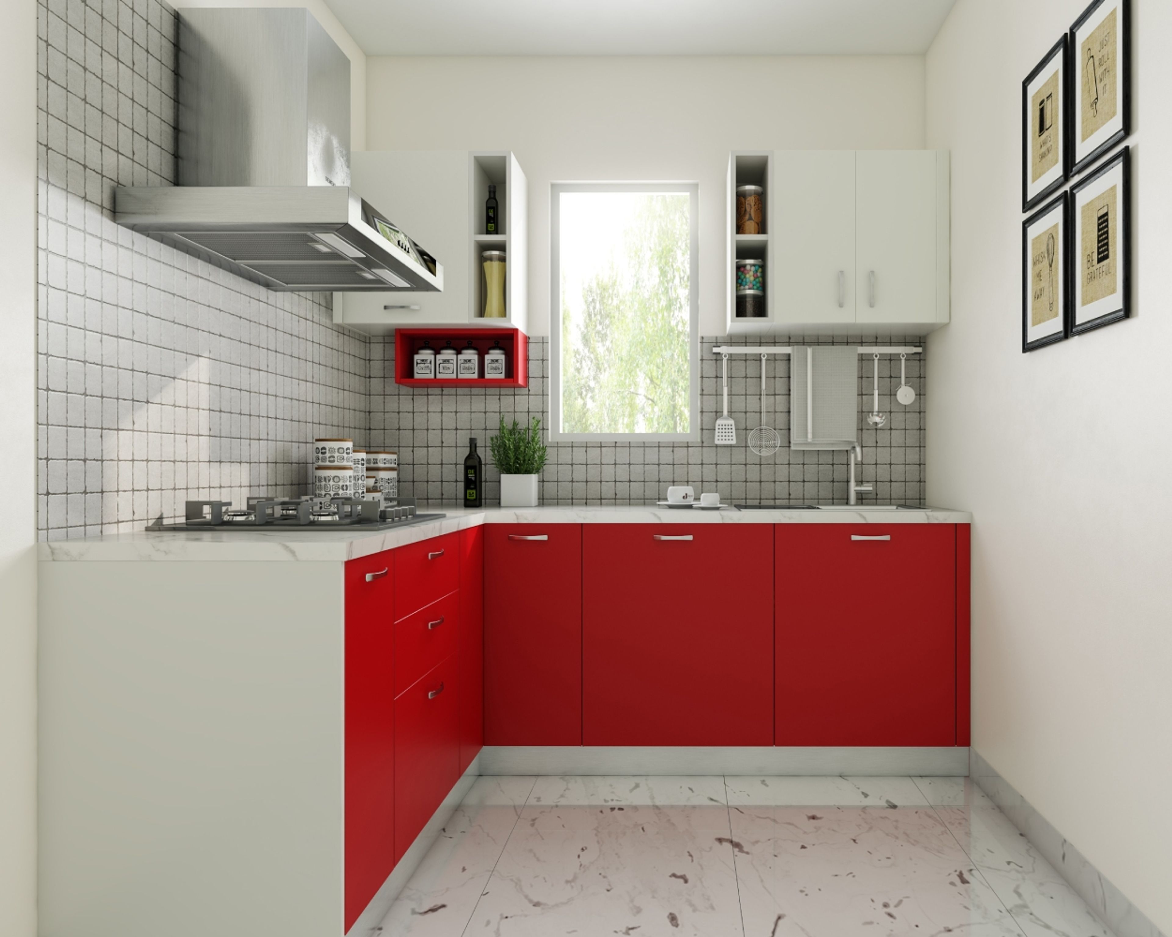 Modern L-Shaped Kitchen Design with Red and White Units