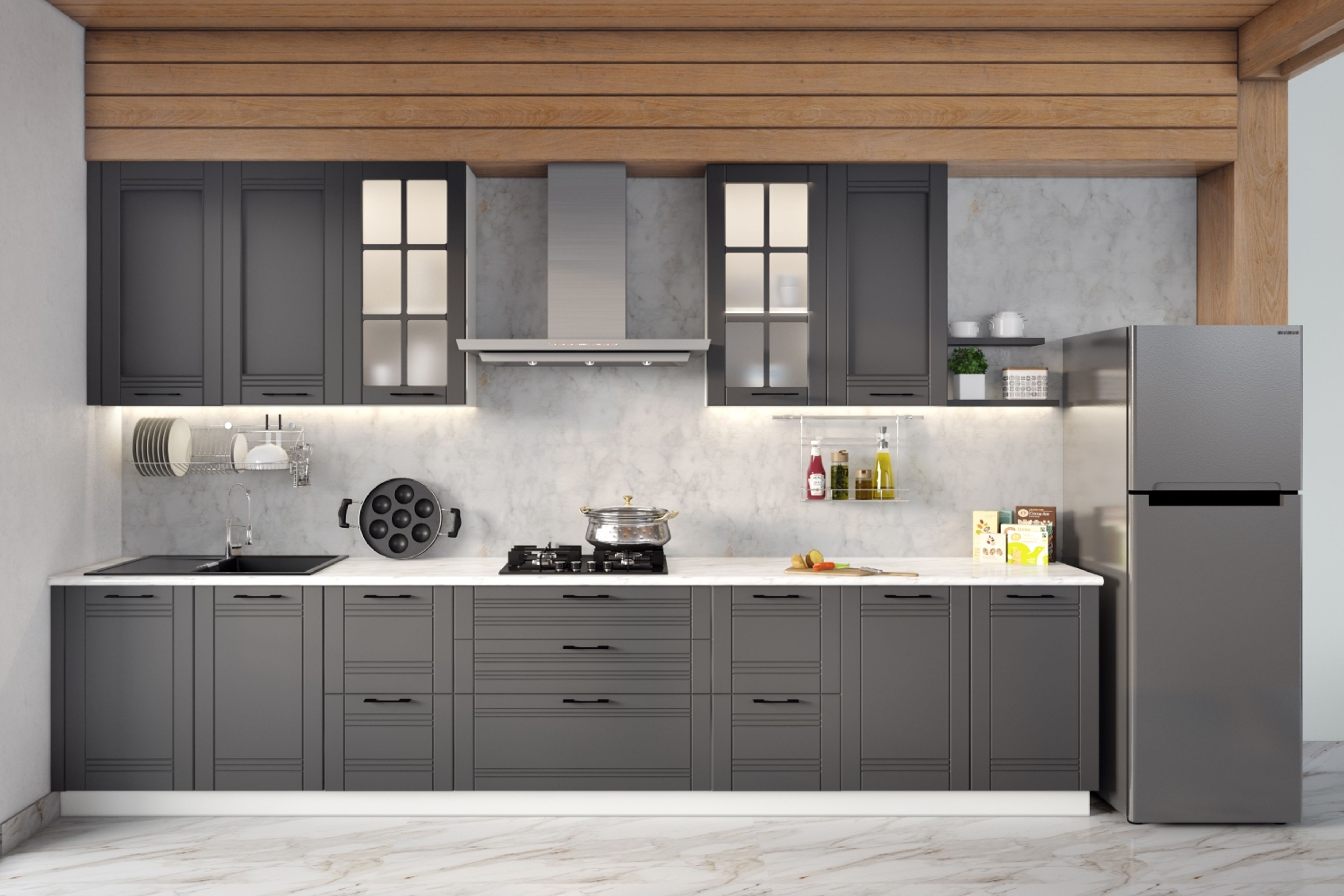 Modern Straight Kitchen Design with Grey Cabinets