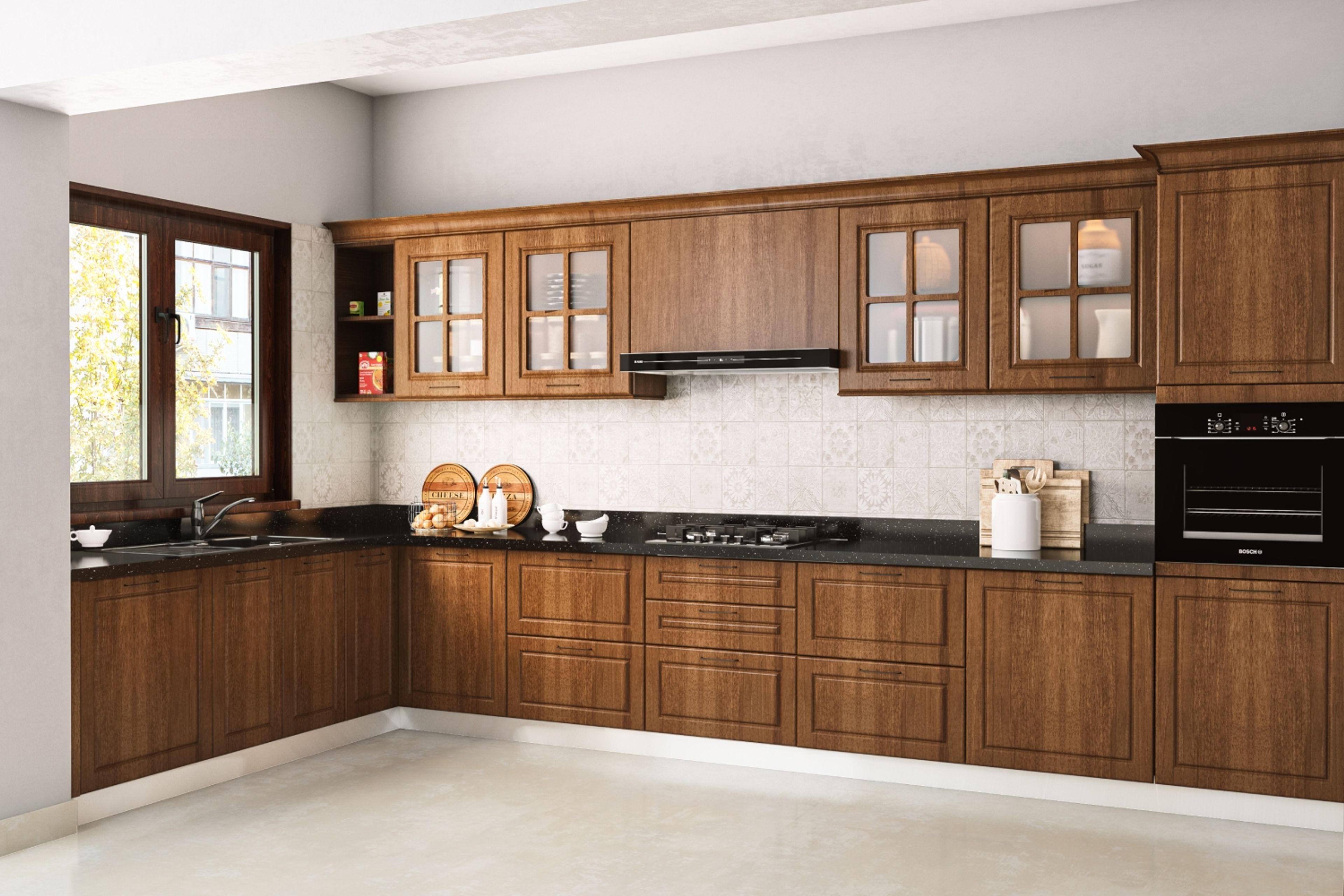 Indian Traditional L-Shaped Kitchen Design with Bronze Cabinets