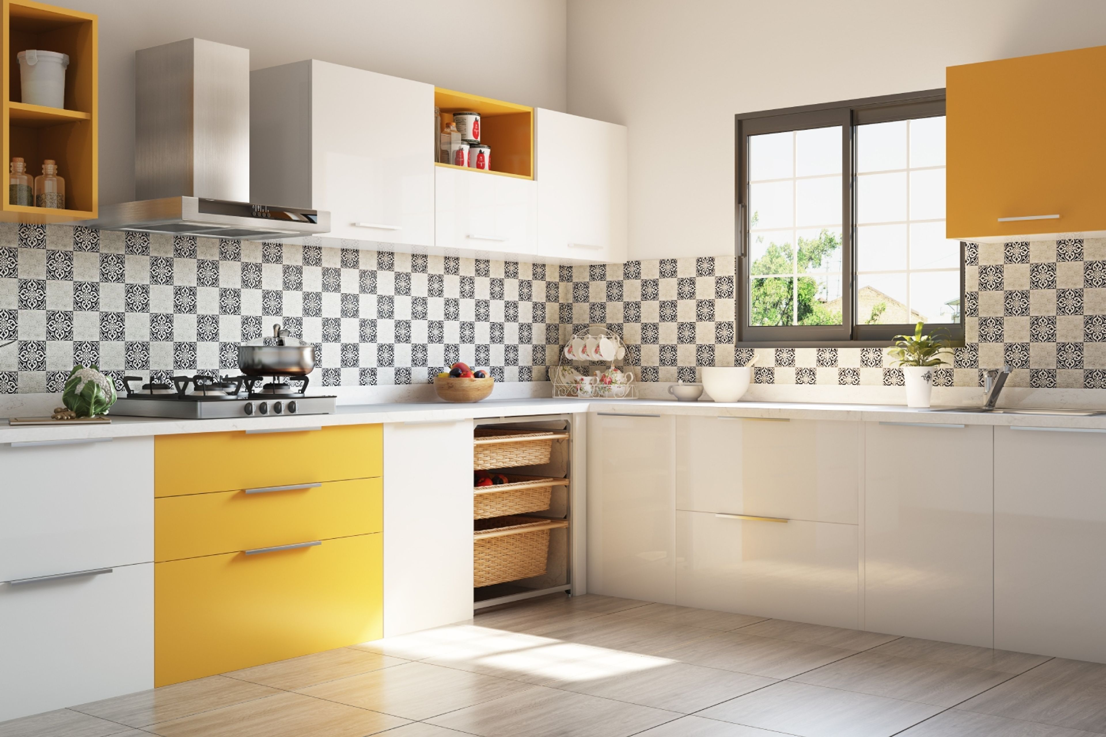 Modern L-Shaped Kitchen Design with White and Yellow Cabinets