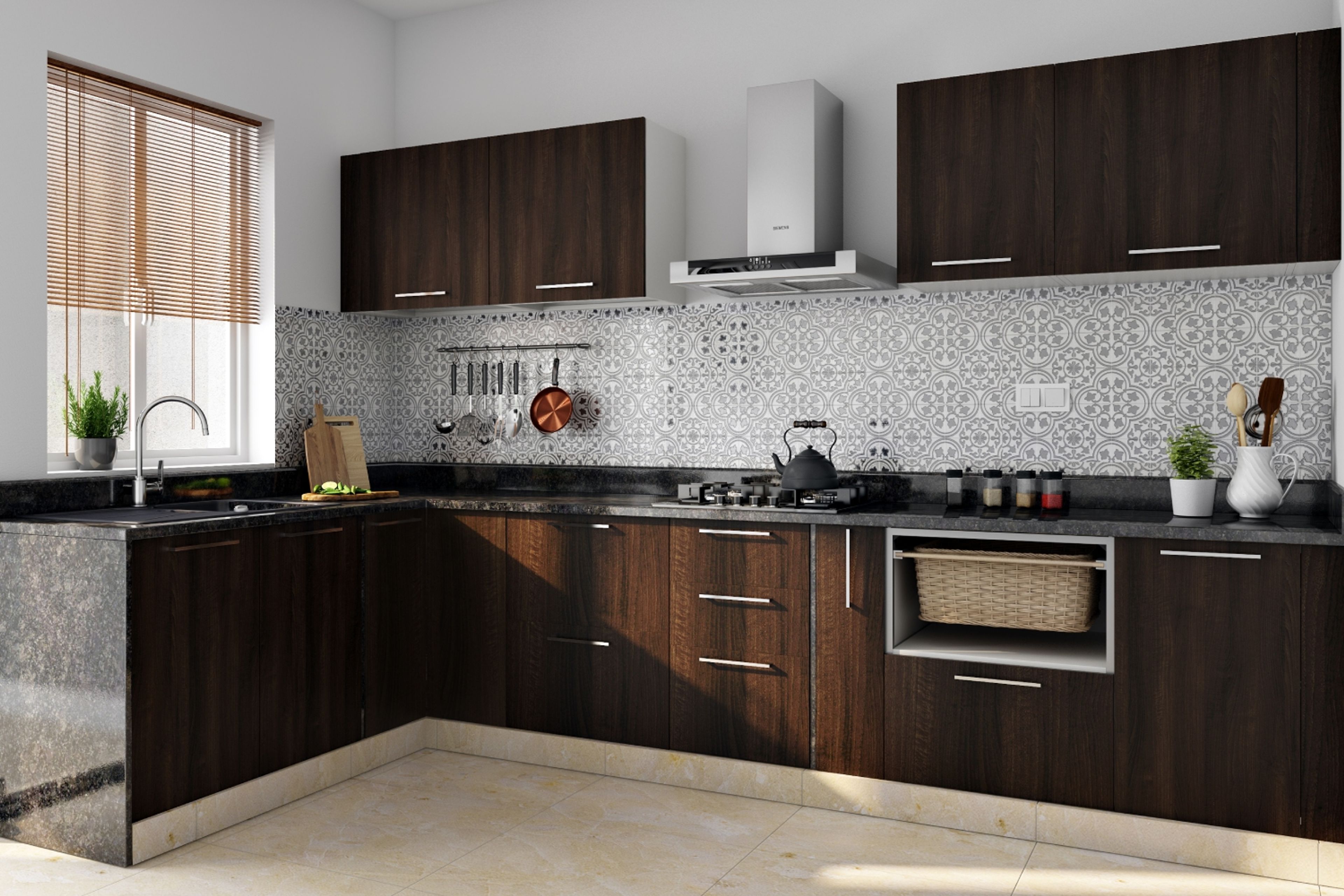 Contemporary L-Shaped Kitchen Design with Spacious Cabinets