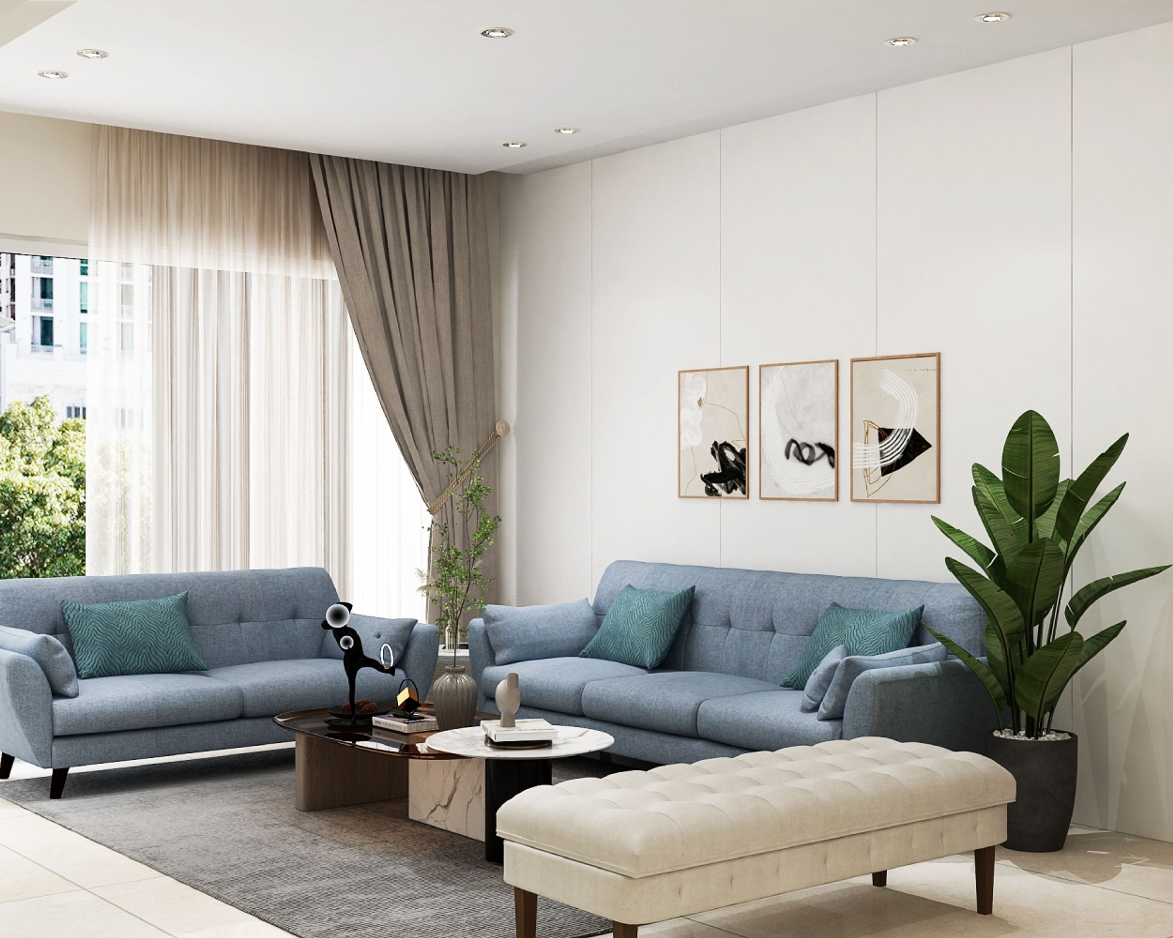 Contemporary Living Room Design With Blue Sofa and White Bench