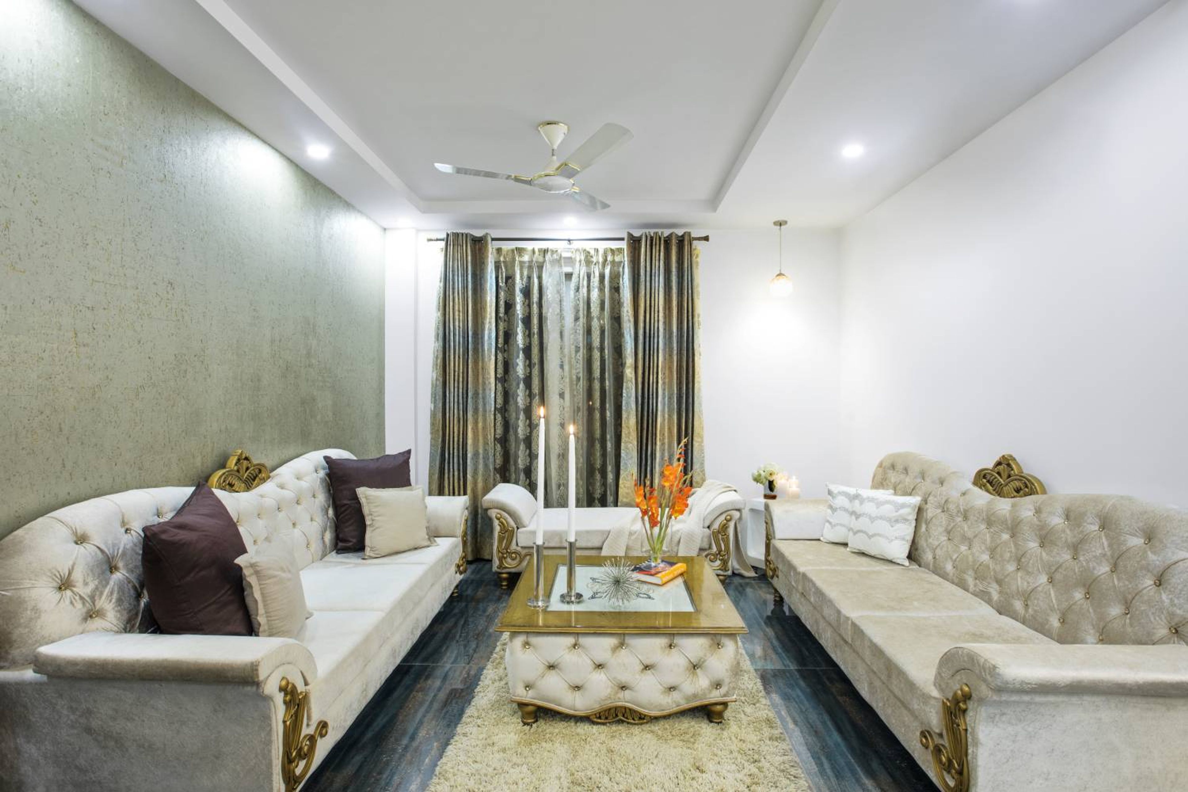Modern 3BHK Flat Design with Chesterfield Sofa and Wooden Panelling