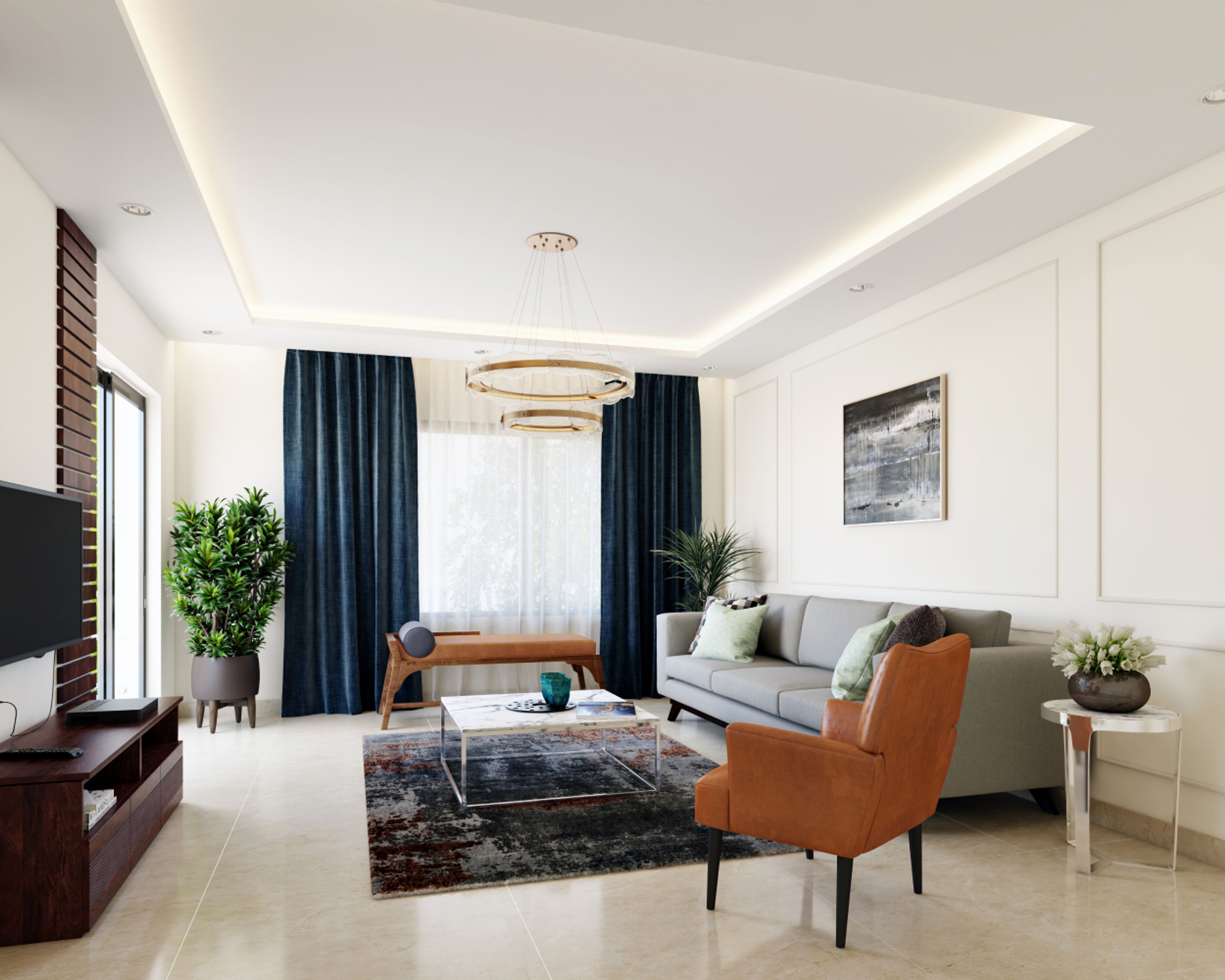 Stylish Contemporary Living Room Design with Off-White Walls and Trims
