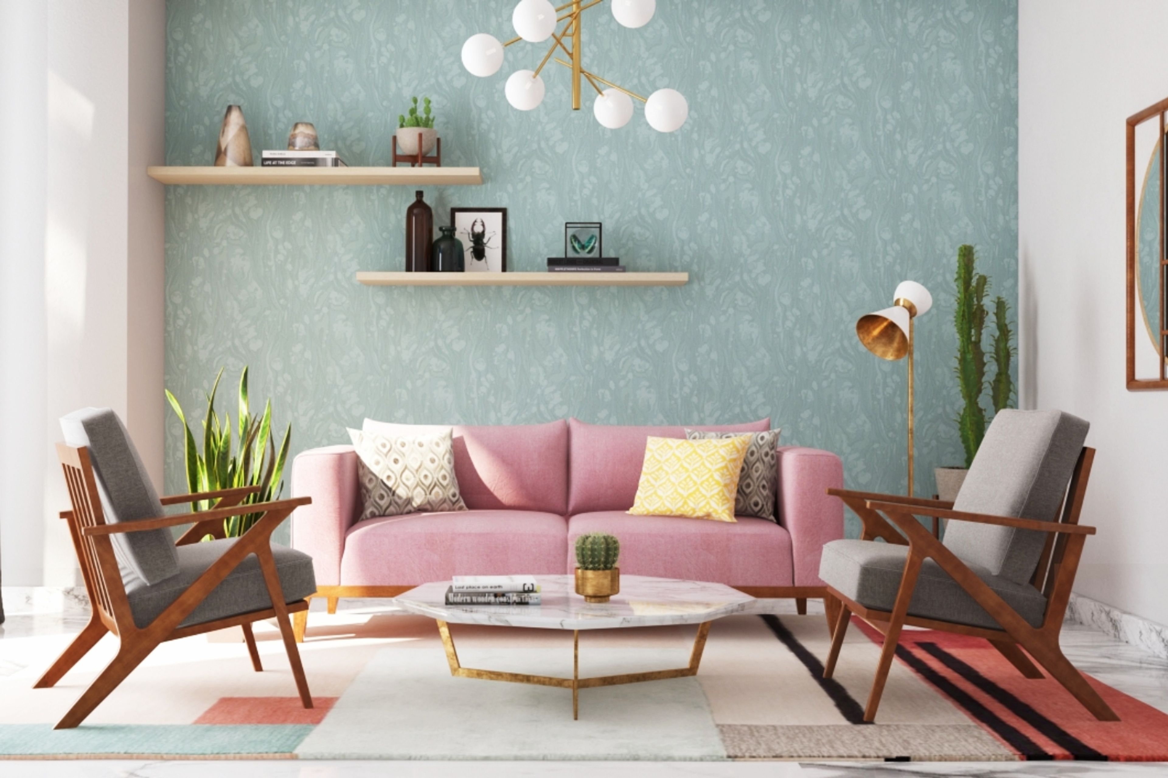 Vibrant Modern Living Room Design with Pink Sofa and Marble Coffee Table
