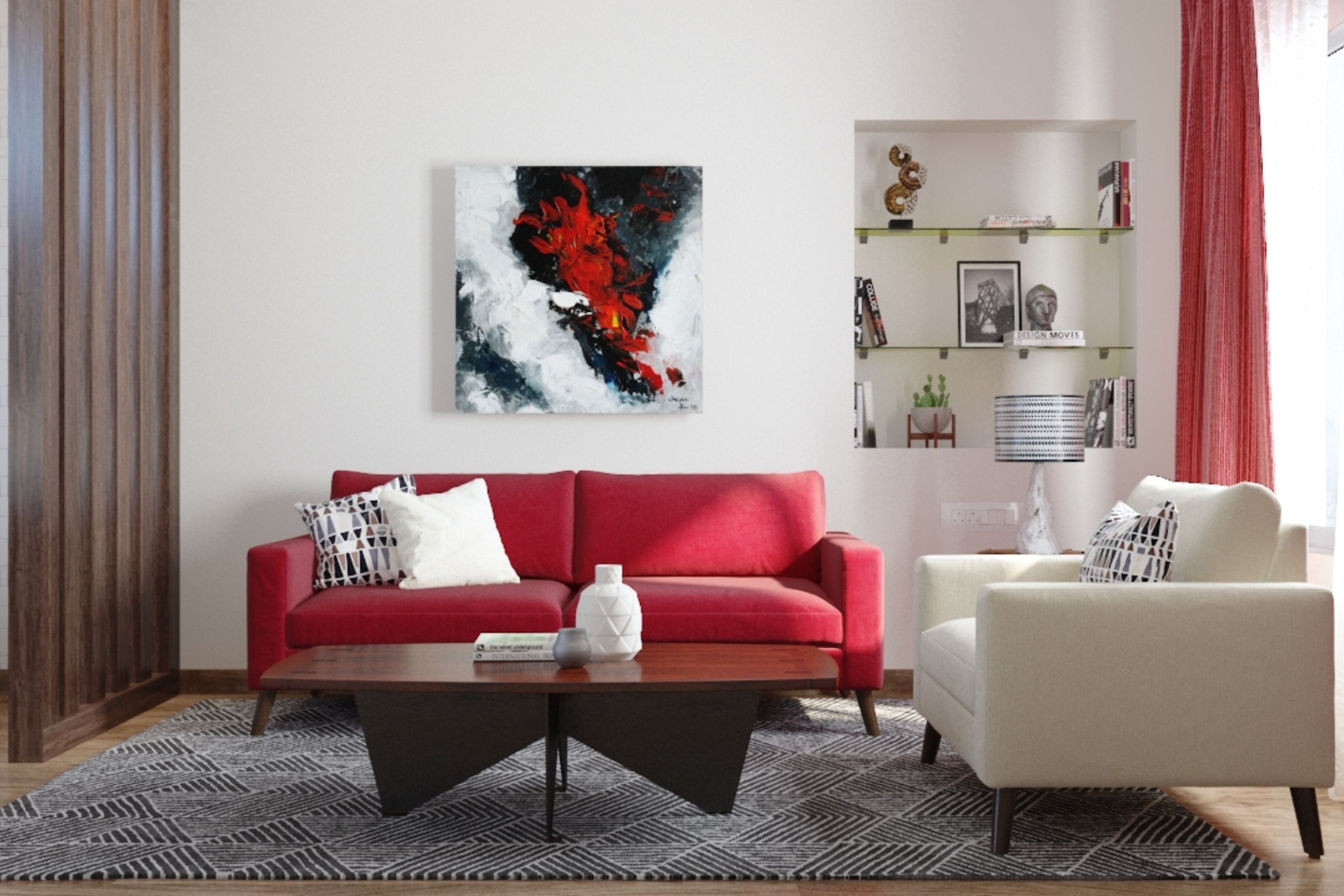 Modern Living Room Design with Red Sofa and Wooden Partition Frame