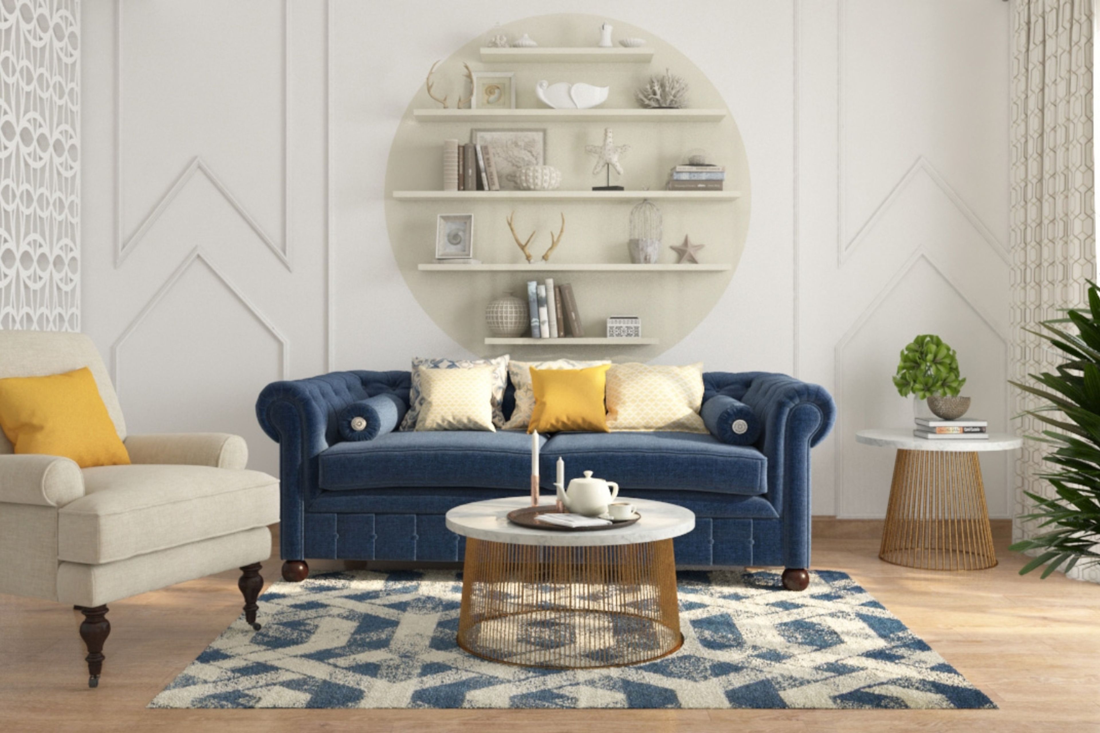 Modern Living Room Design with Dark Blue Sofa and Marble Accents