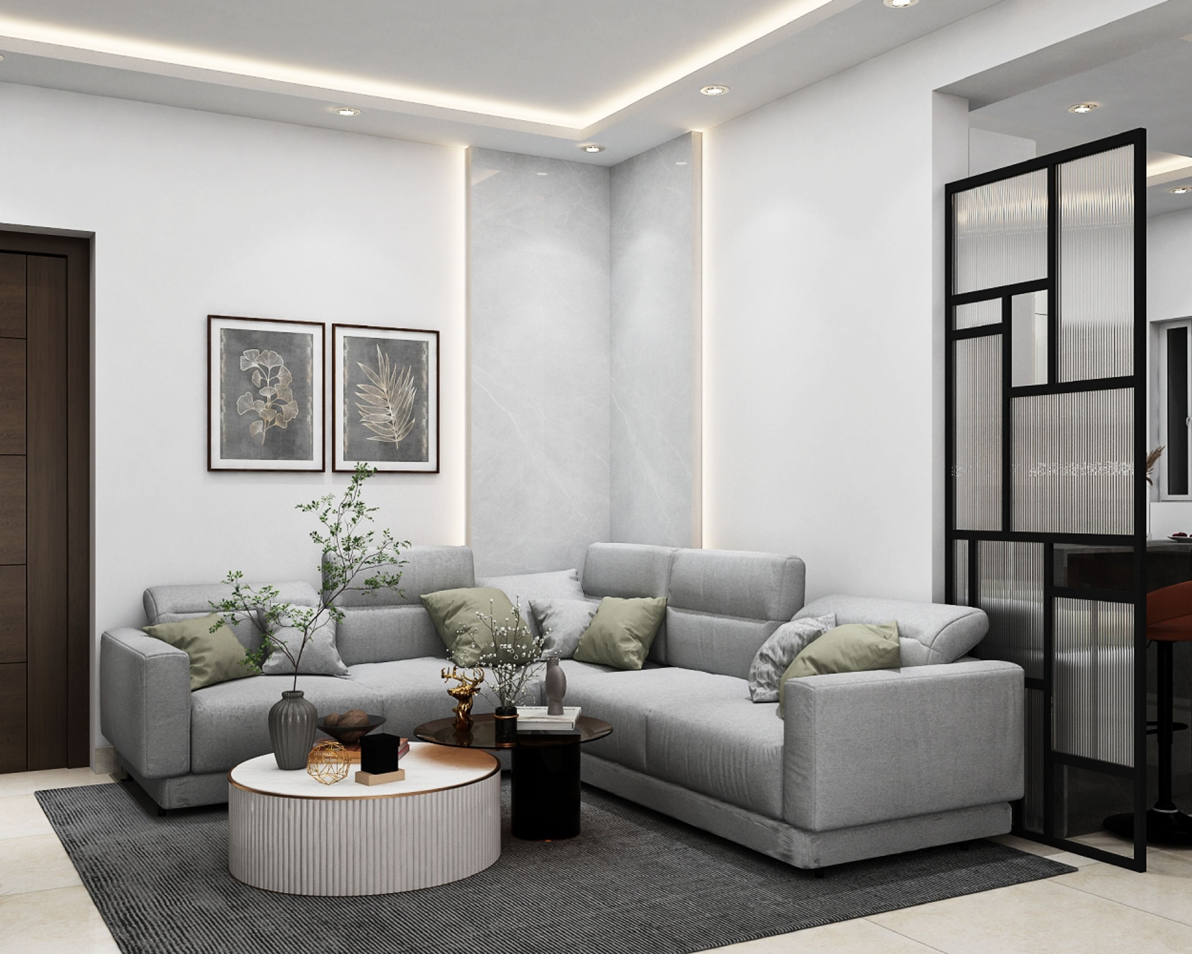 Modern Living Room Design with L-Shaped Sofa and Black Metal Partition
