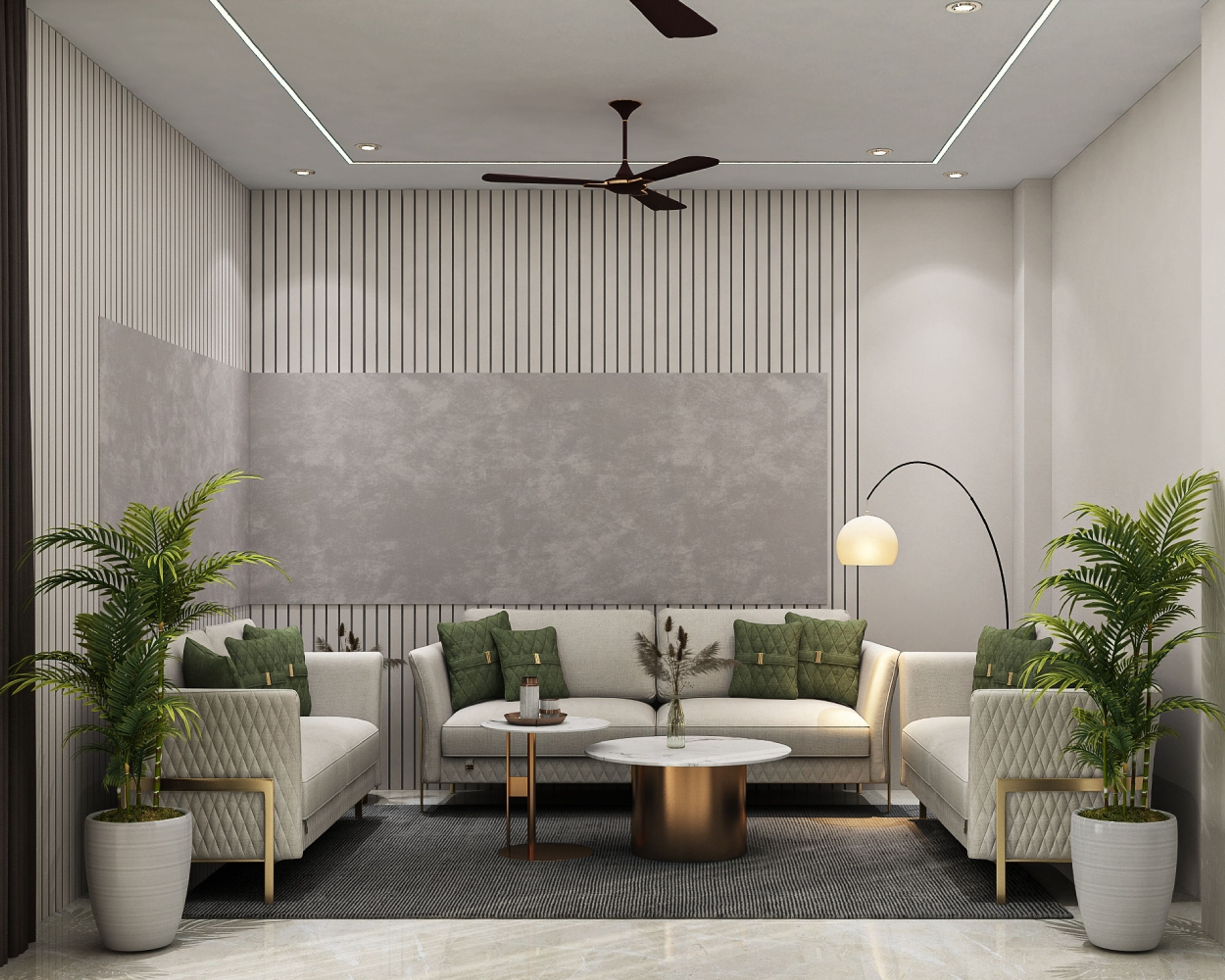 Modern Living Room Design with Cream Sofas and Textured Wall Paneling