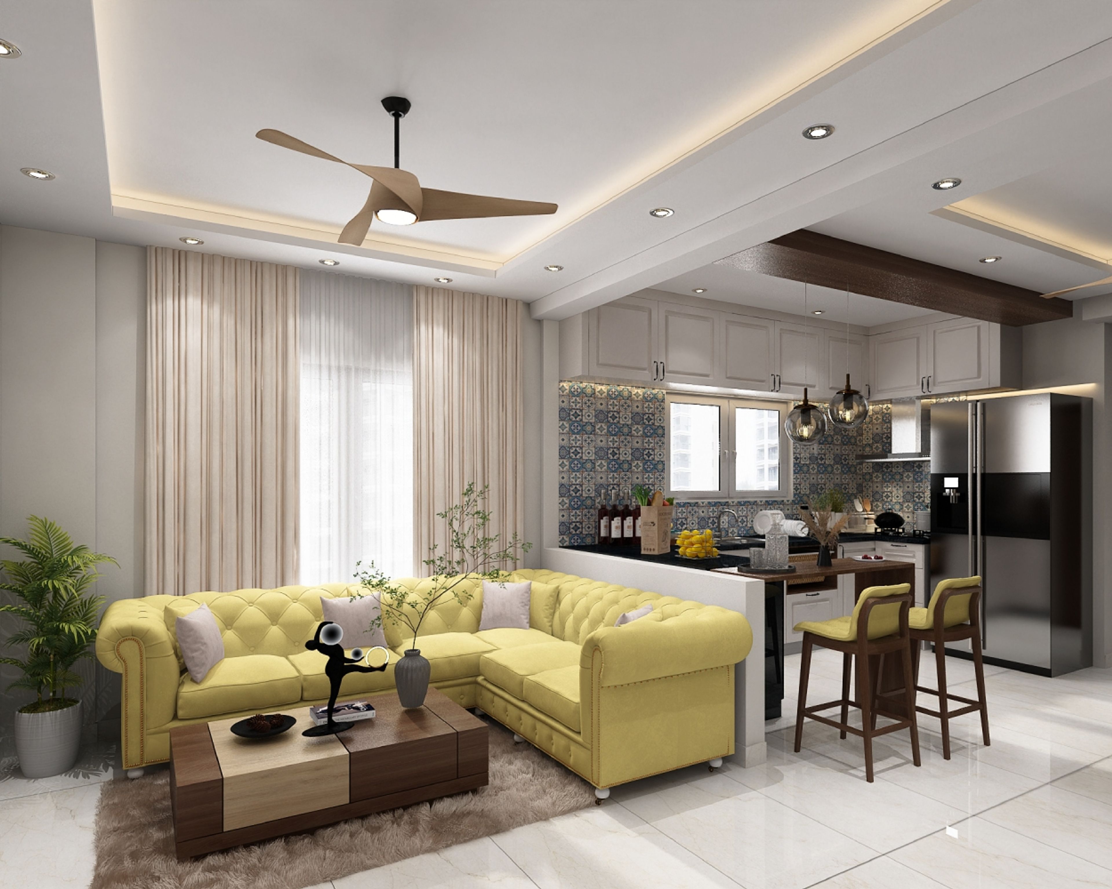Mid-Century Modern Living Room Design with L-Shape Sofa and Coffee Table