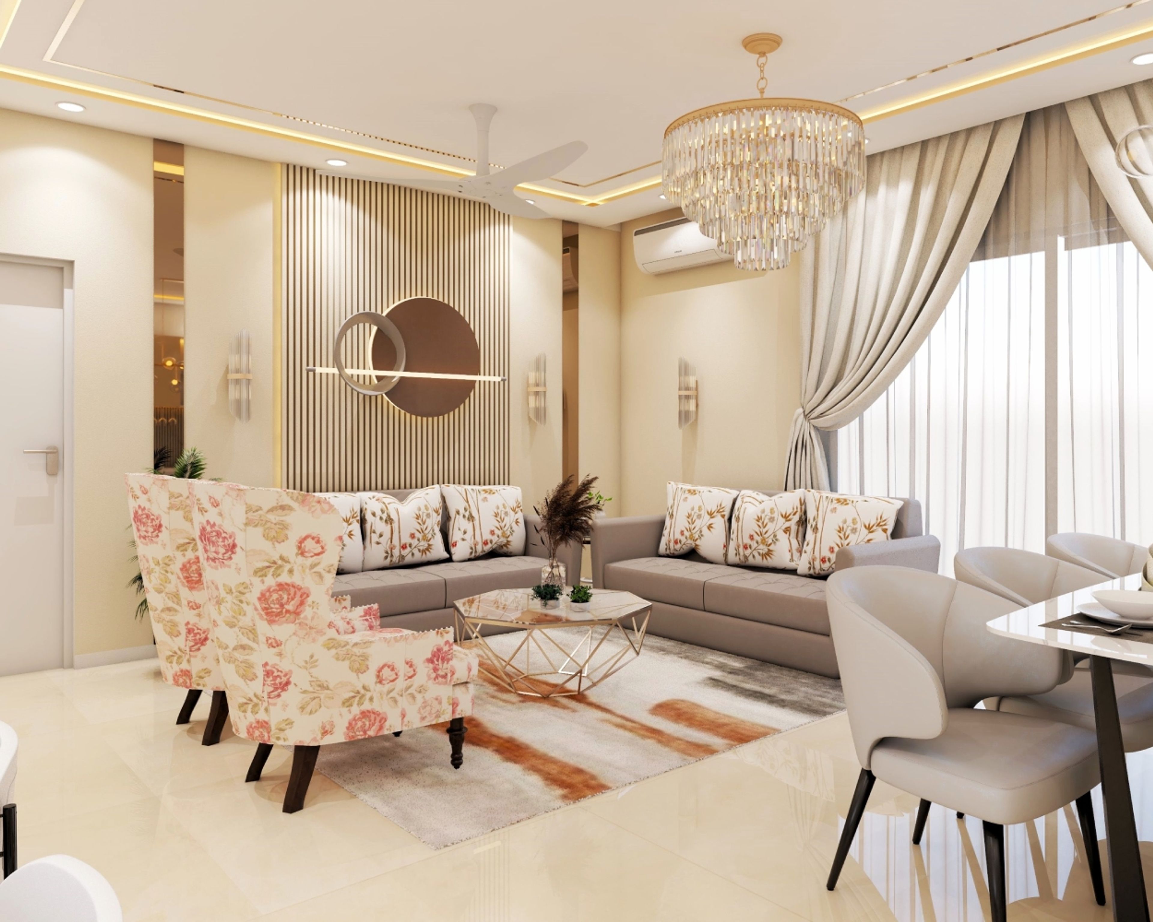Contemporary Living Room Design with Grey Sofas and Floral Accent Chair