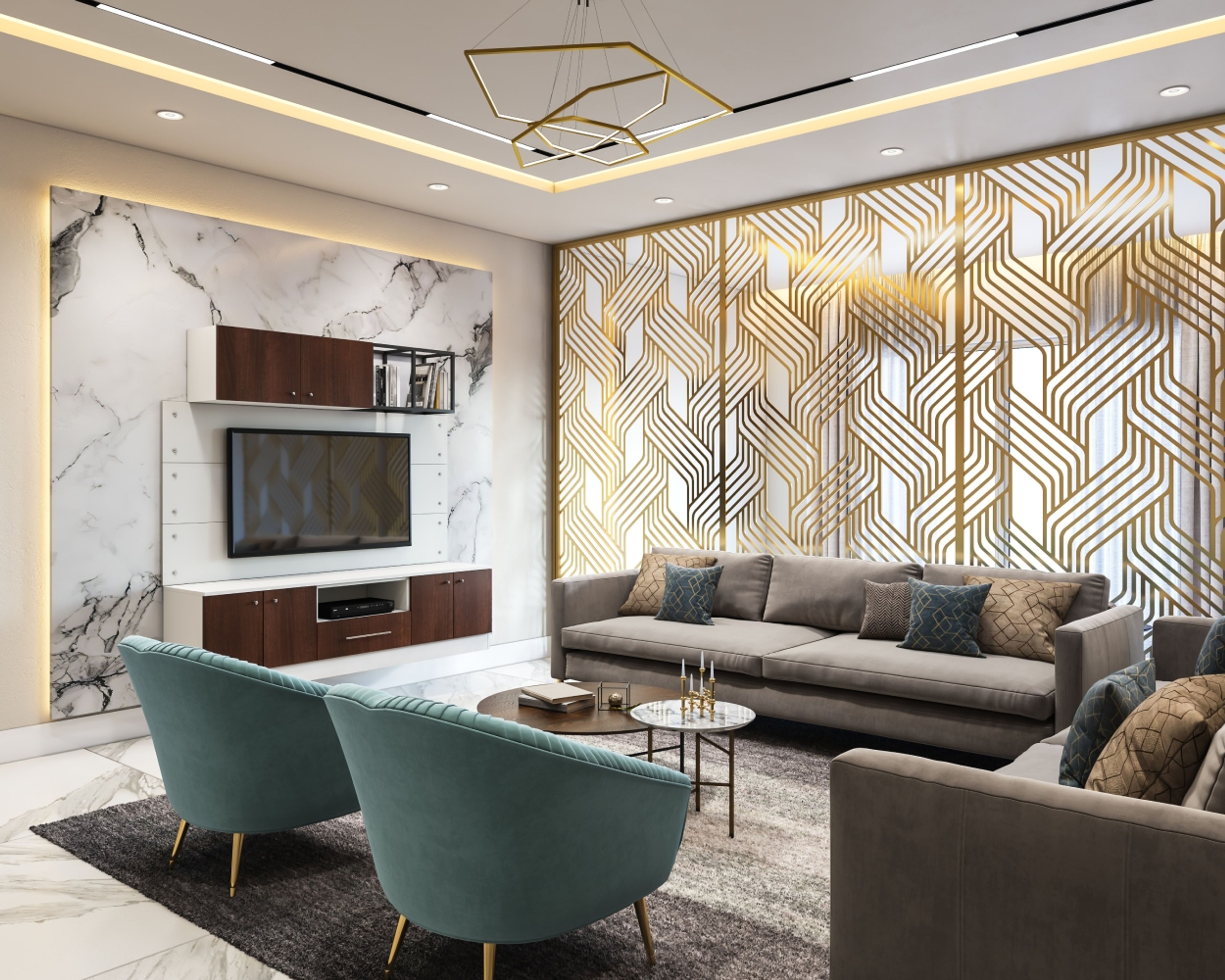 Contemporary Living Room Design With Grey Sofas and Blue Accent Chairs