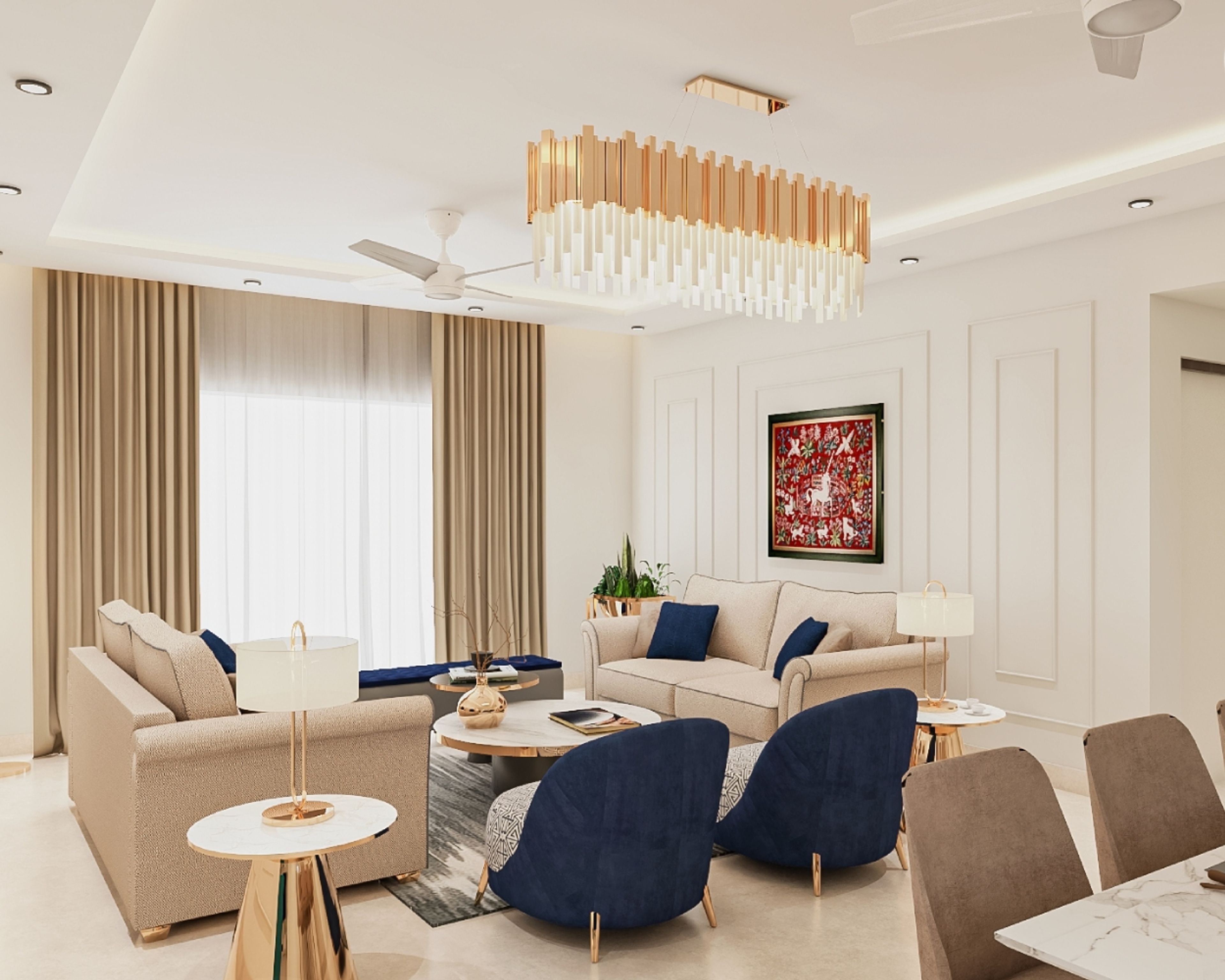 Spacious Contemporary Living Room Design With Sofas, Bench and Lounge Chairs