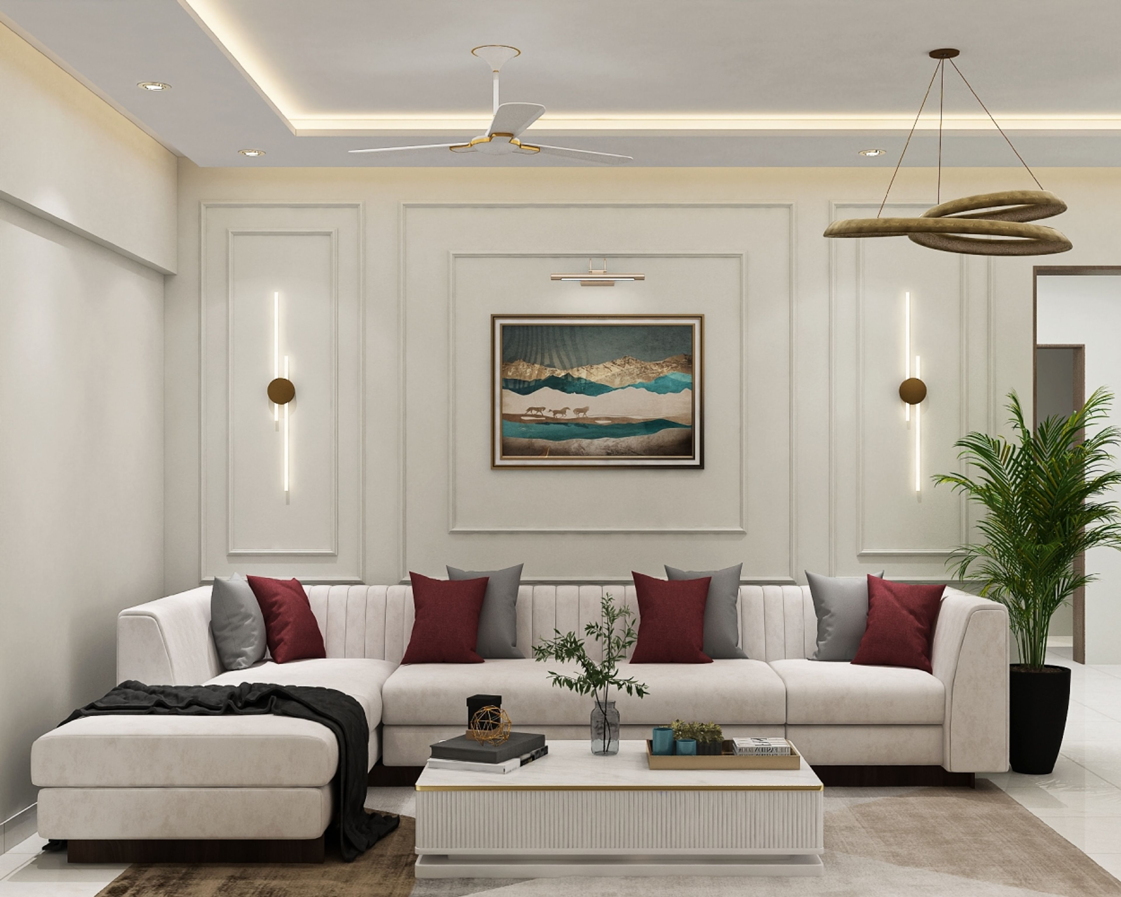 White and Bright Contemporary Living Room Design With L-Shaped Sofa