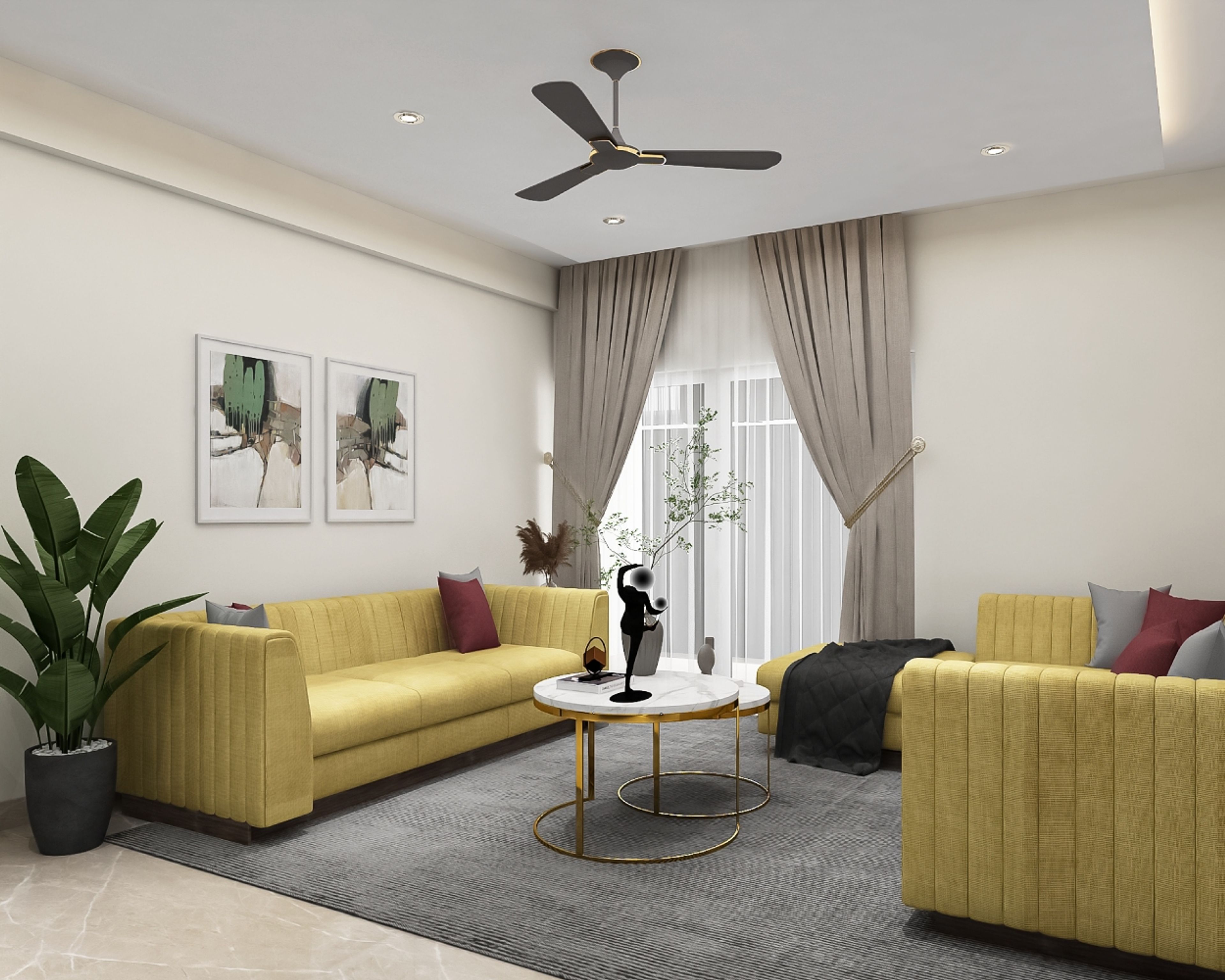 Contemporary Living Room Design With Yellow Sofas and Nesting Table