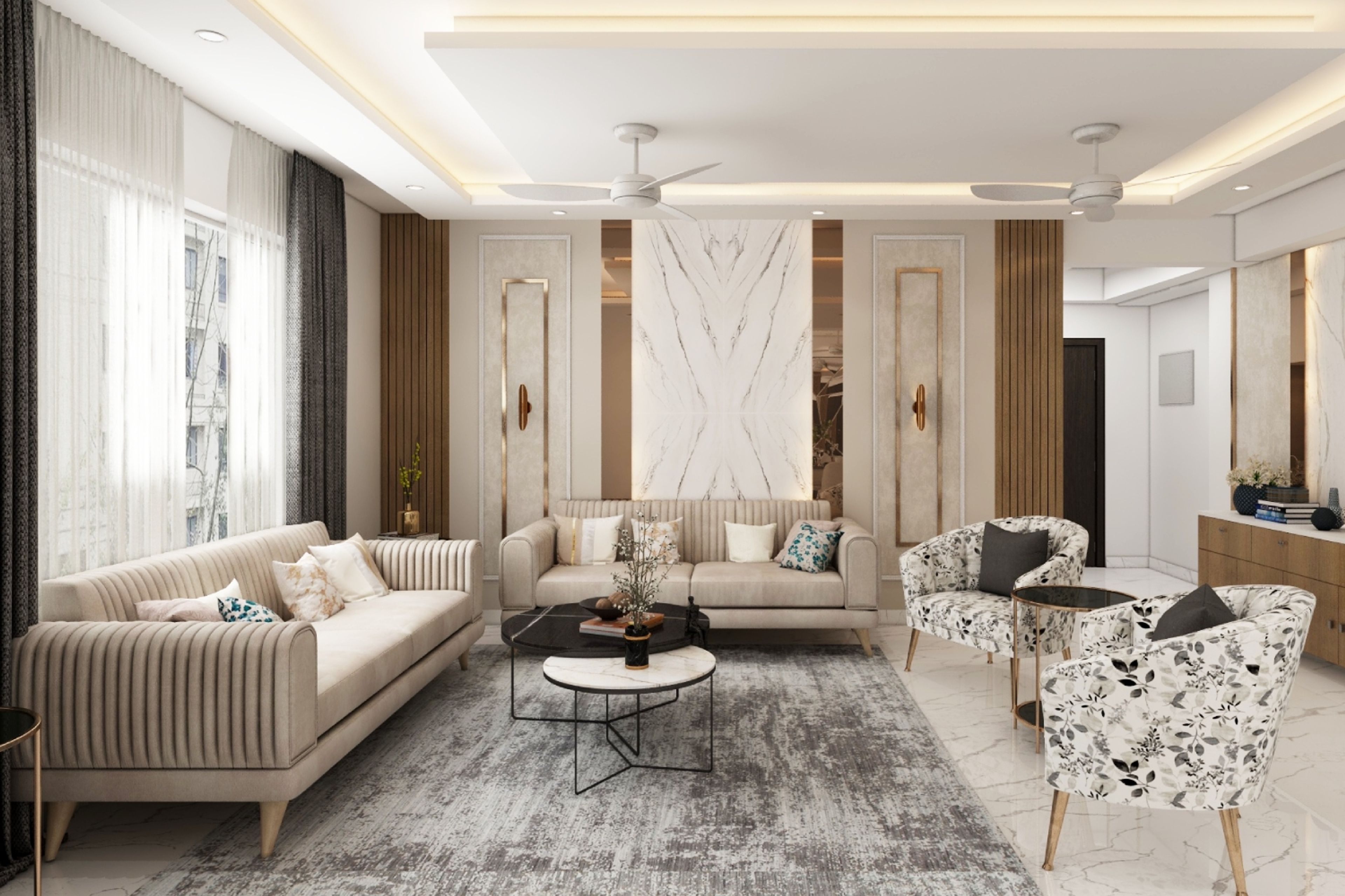 Contemporary Living Room Design With Beige Sofa and Onyx Wall