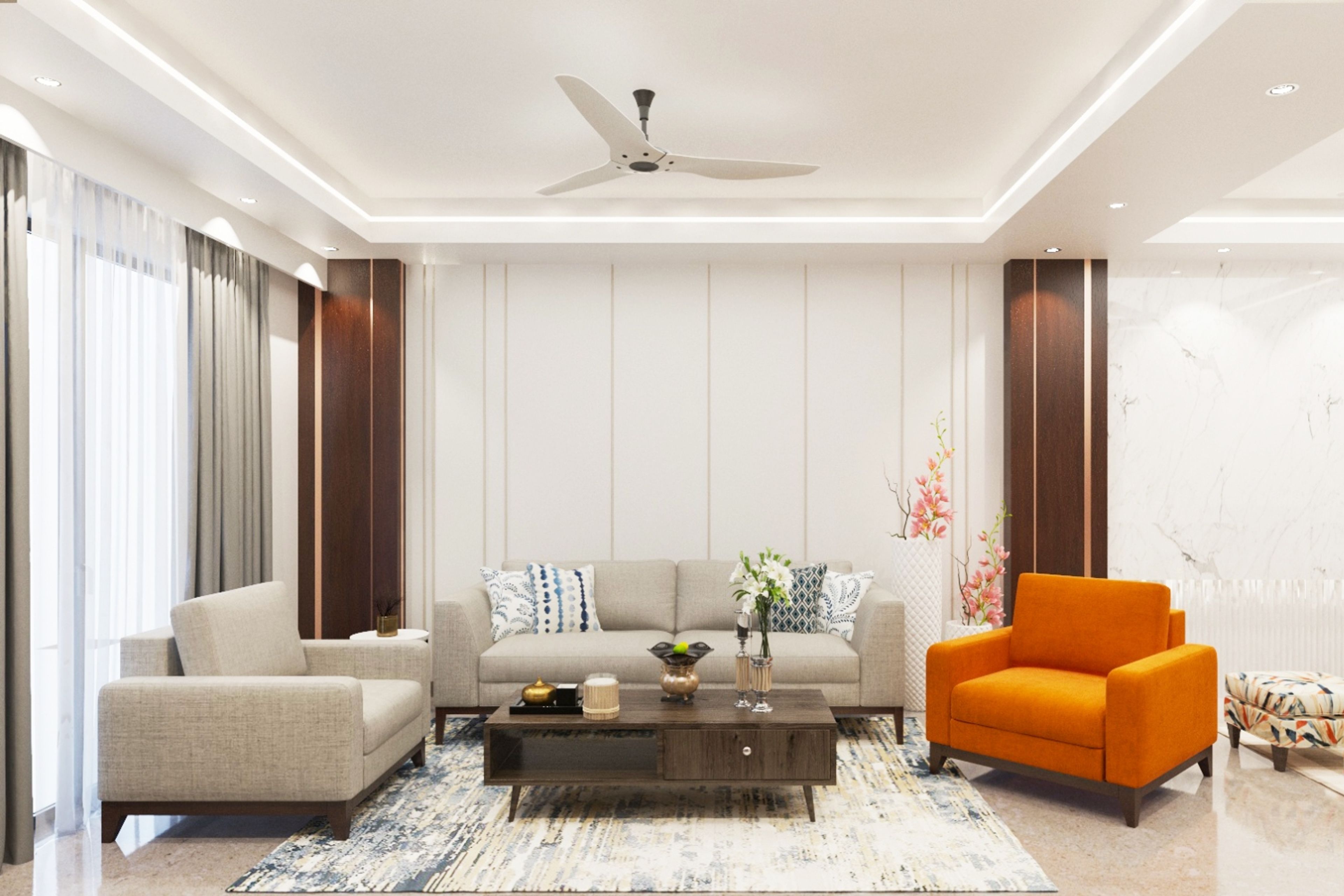 Contemporary Living Room Design With Light Grey Sofa and Accent Chair