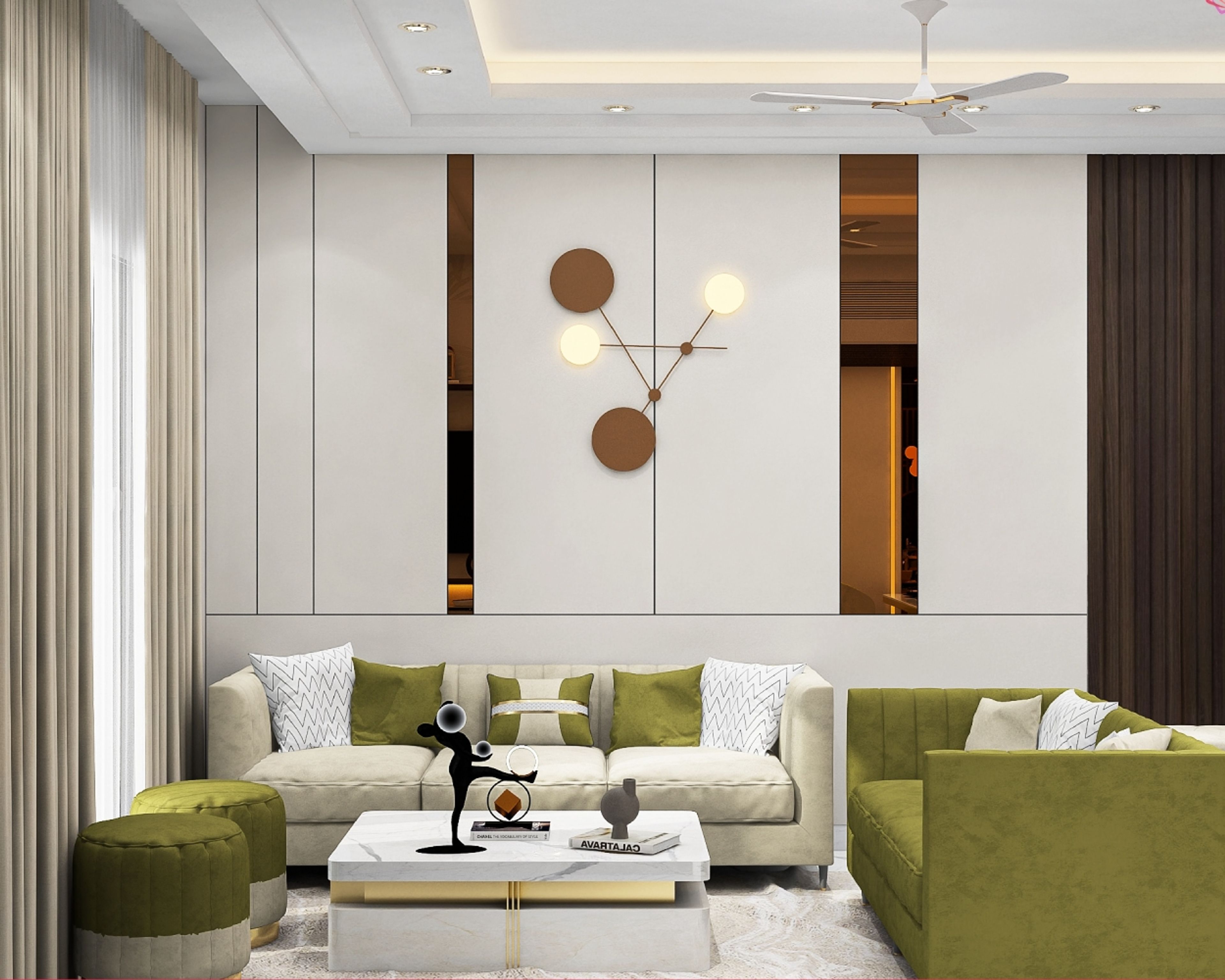 Mirrored Panel Wall Contemporary Living Room Design With Sofas