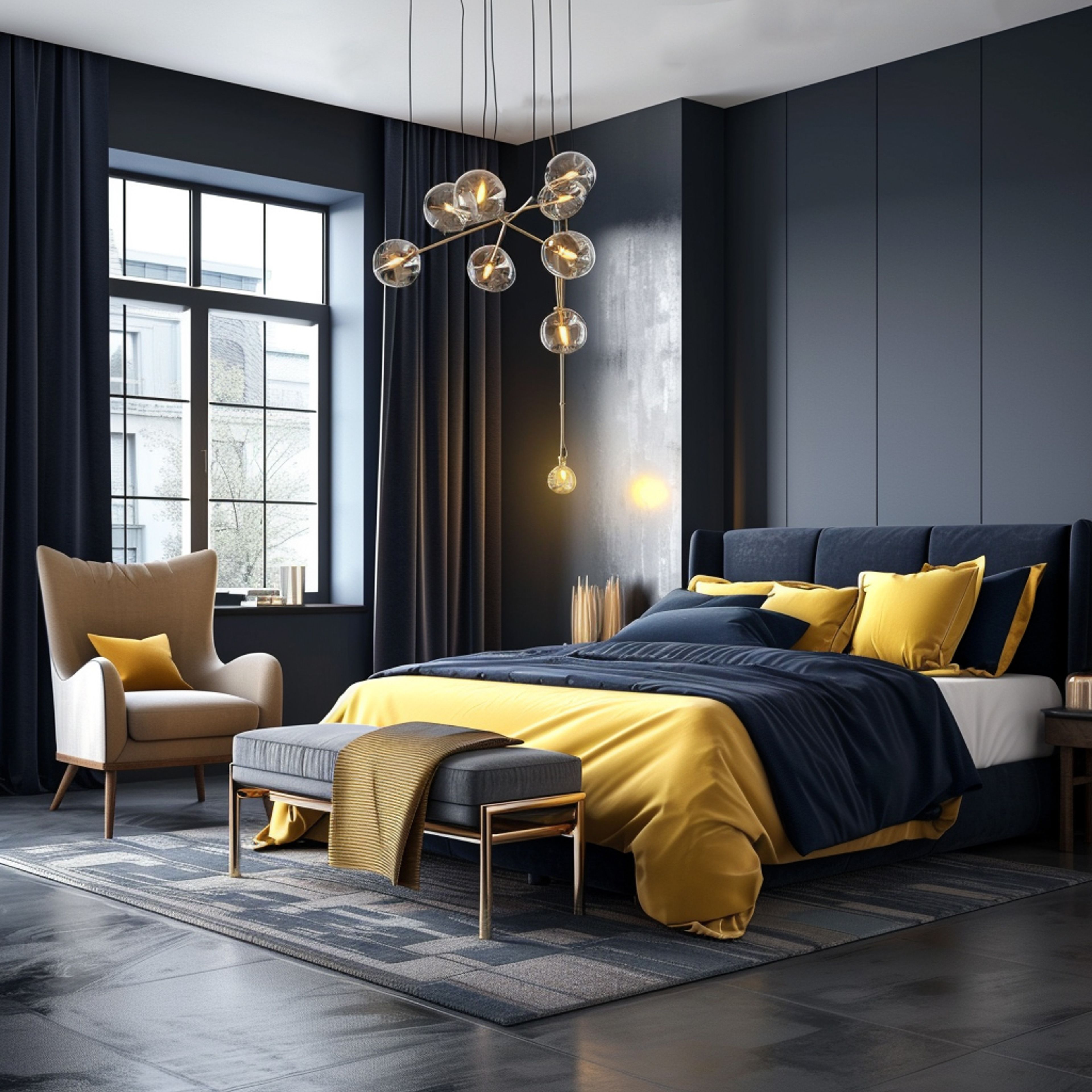 Dark Blue Wall Rustic Master Bedroom Design