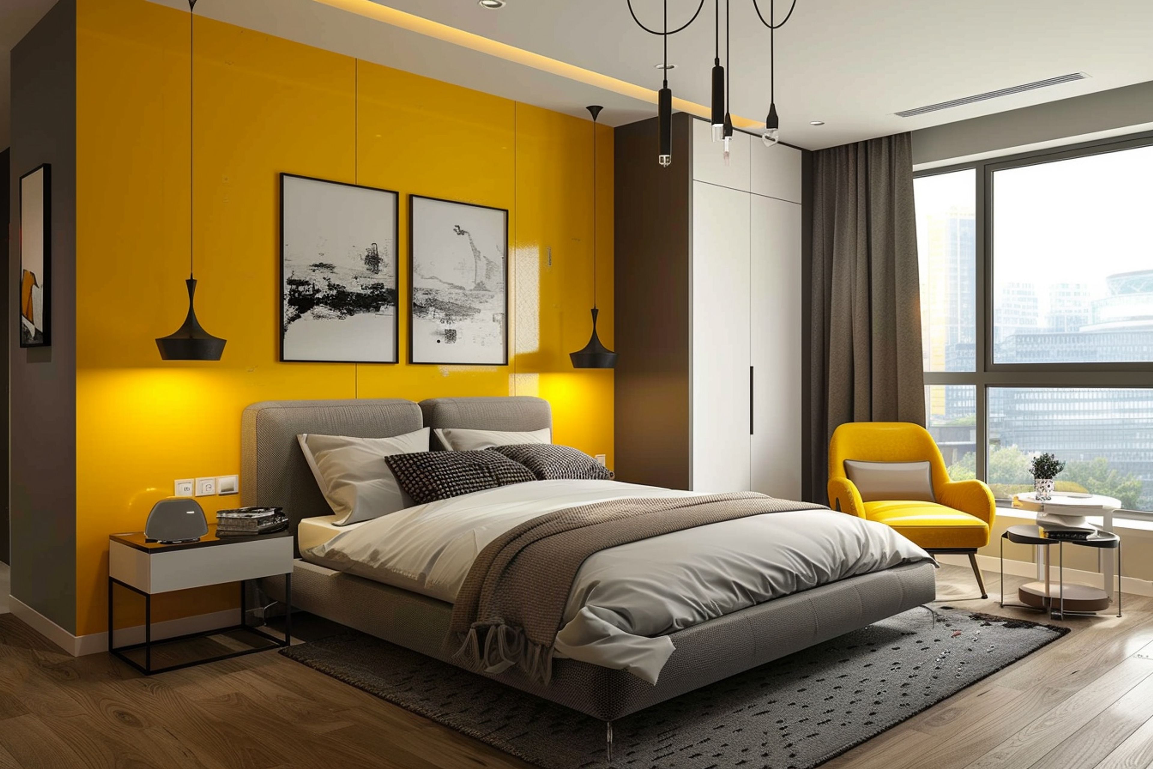 Contemporary Master Bedroom Design with Yellow Walls