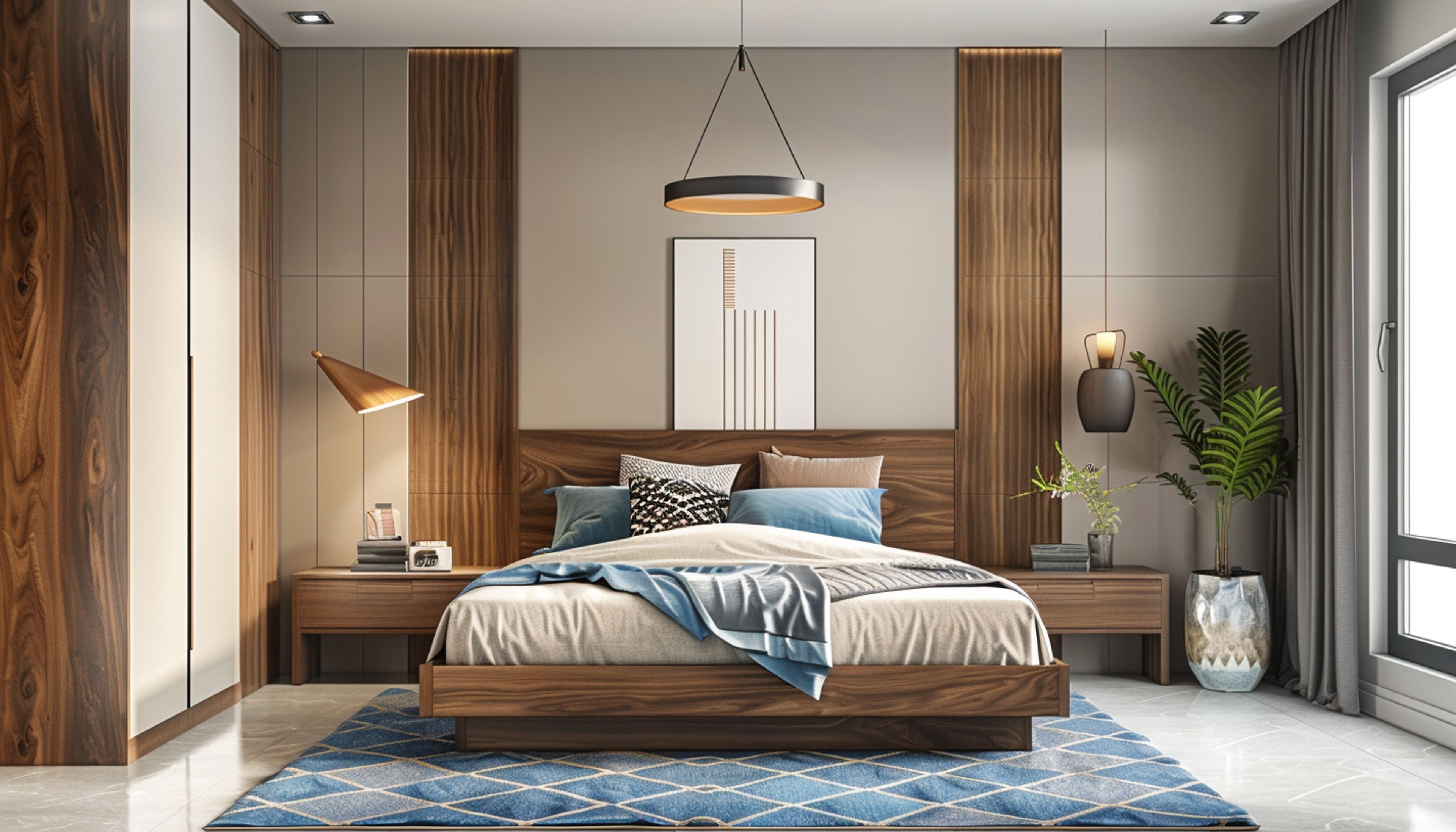 Modern Master Bedroom Design with King Bed and Wooden Panels