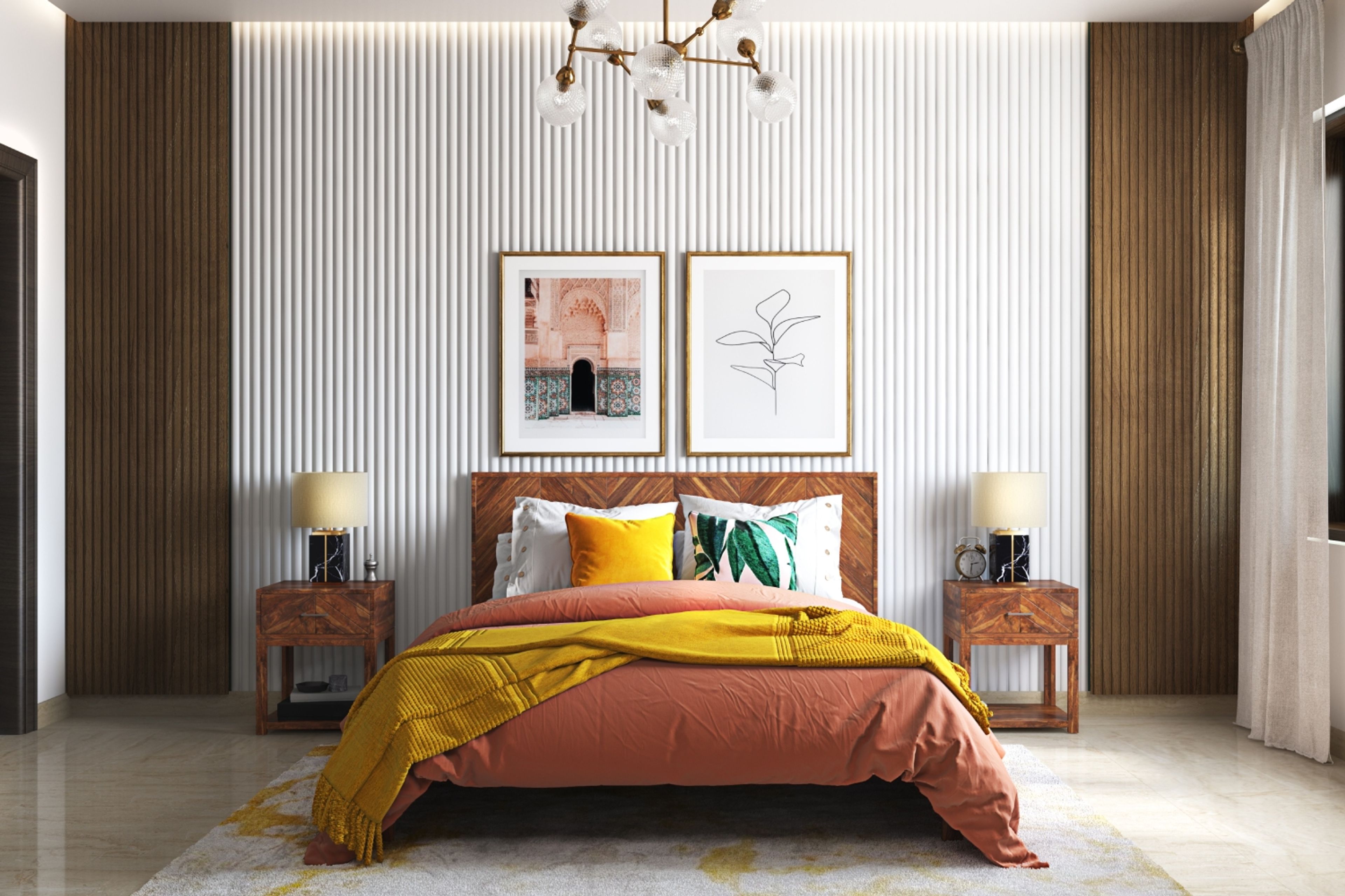 Mid Century Modern Master Bedroom Design with Queen Bed and Fluted Wall Panels