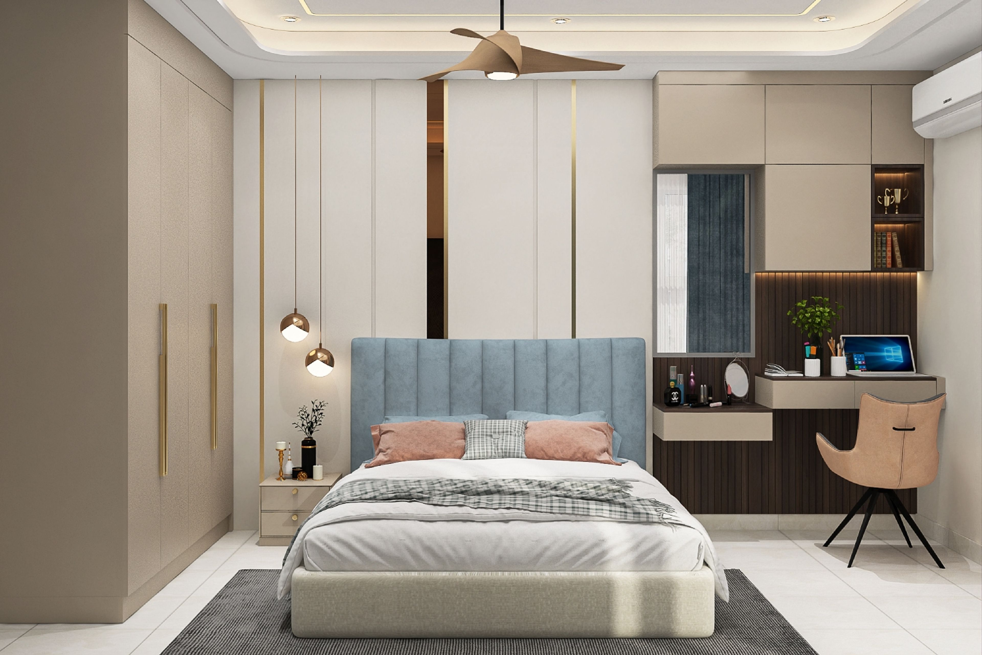 Elegant Modern Master Bedroom Design with King Bed and Gold Metal Accents