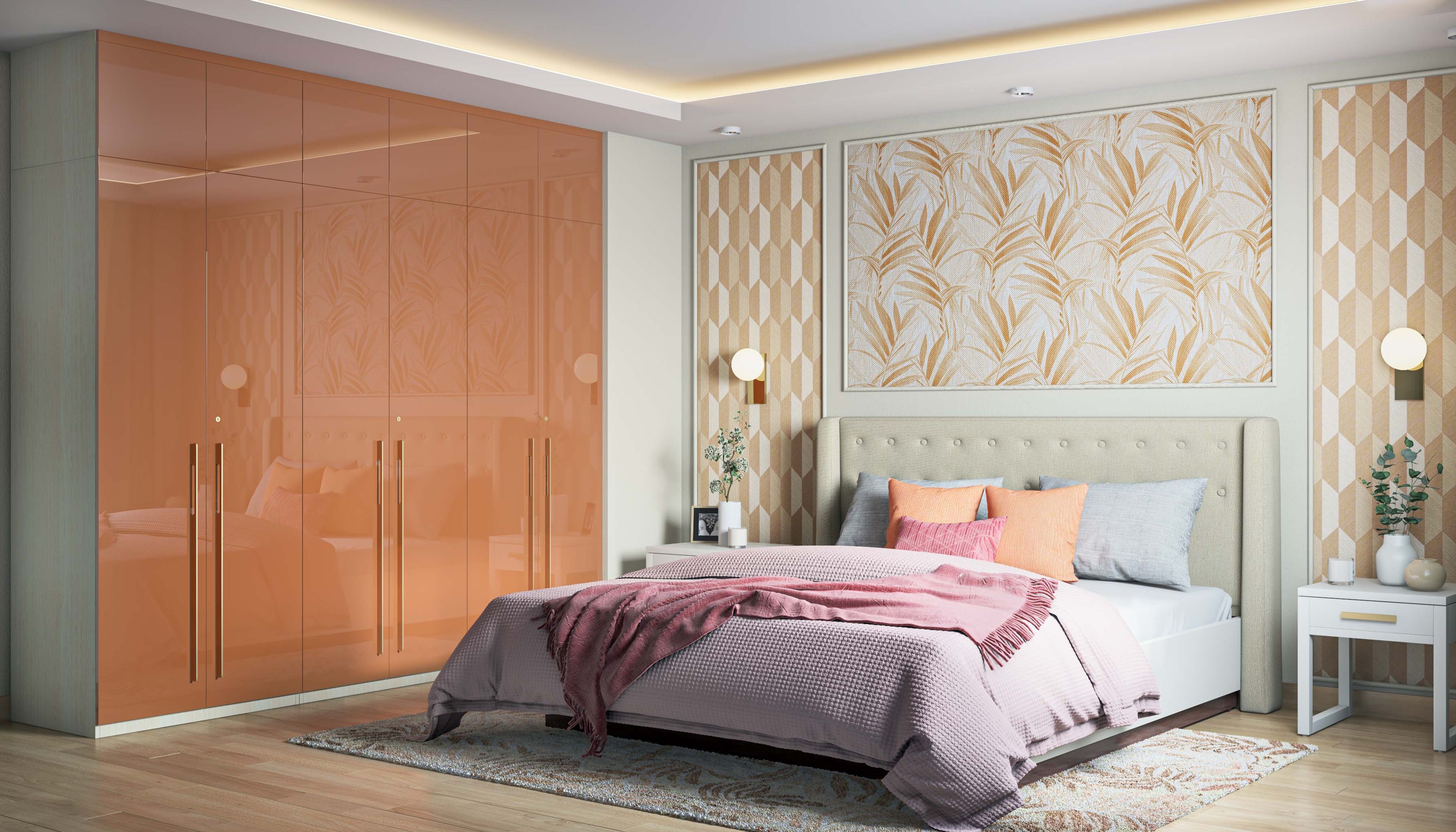 Modern Master Bedroom Design With King Bed and Trimmed Wallpaper