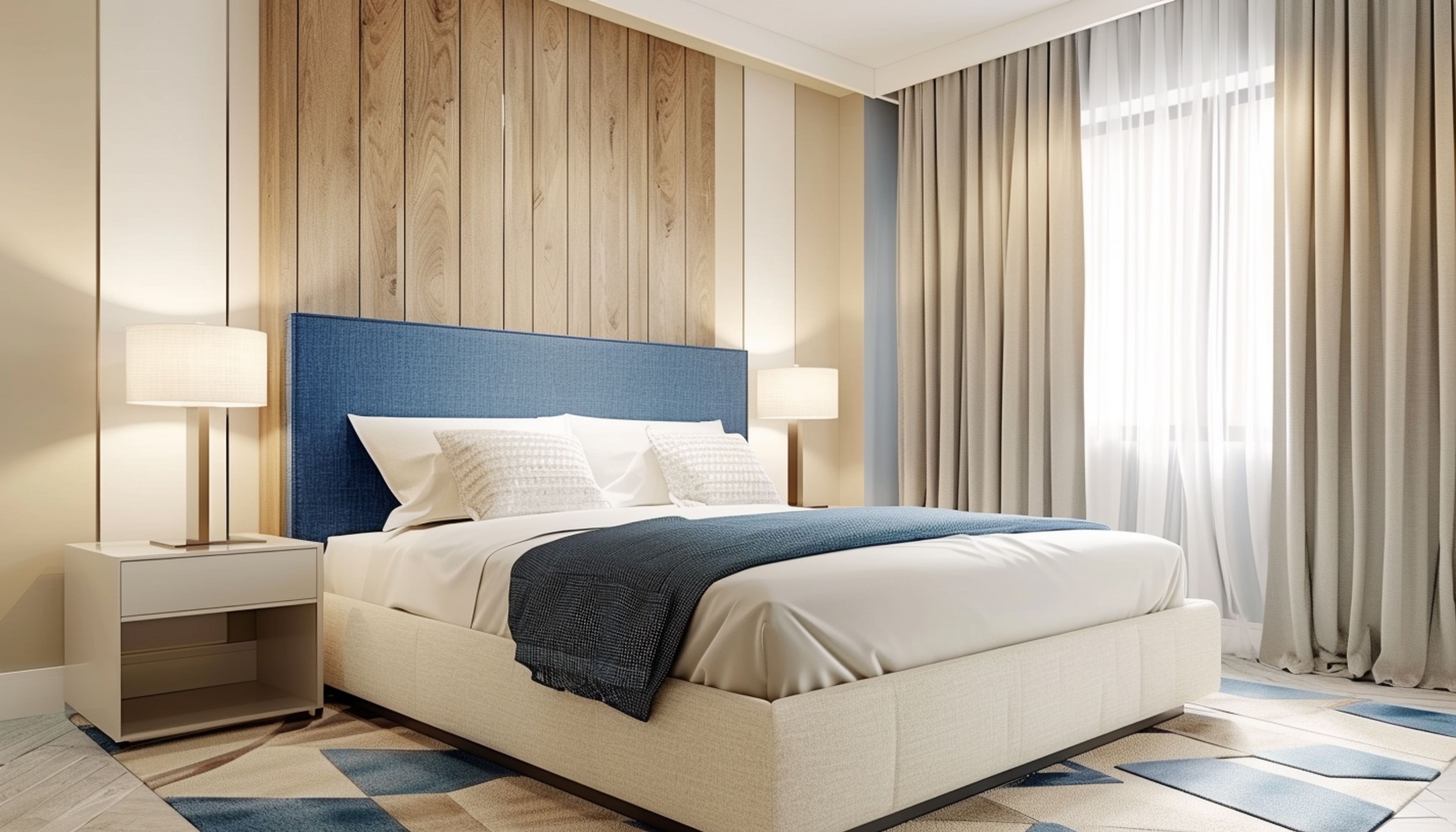 Minimal Master Bedroom Design with Blue Headboard King Bed
