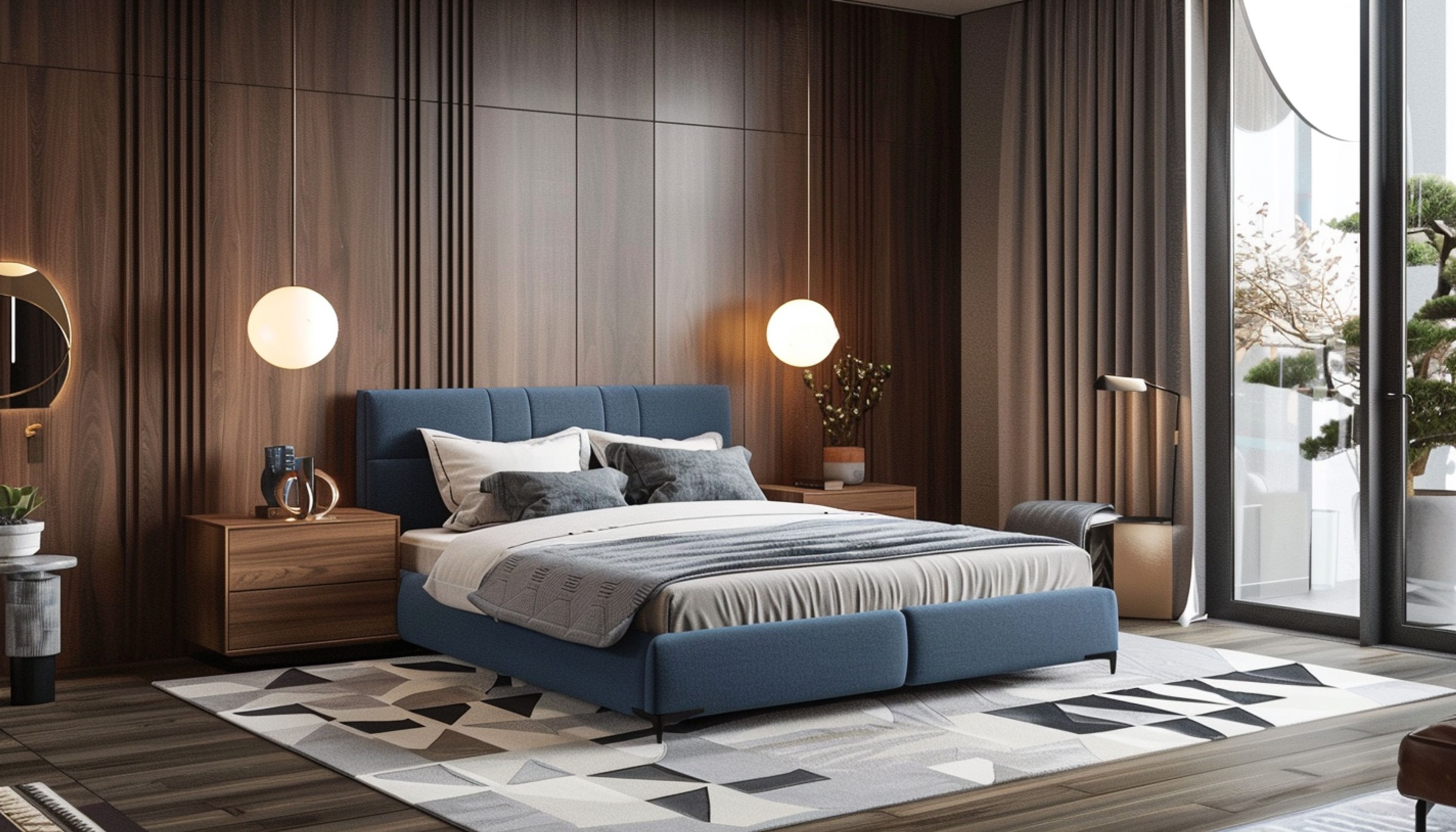 Contemporary Master Bedroom Design with Blue Headboard King Bed