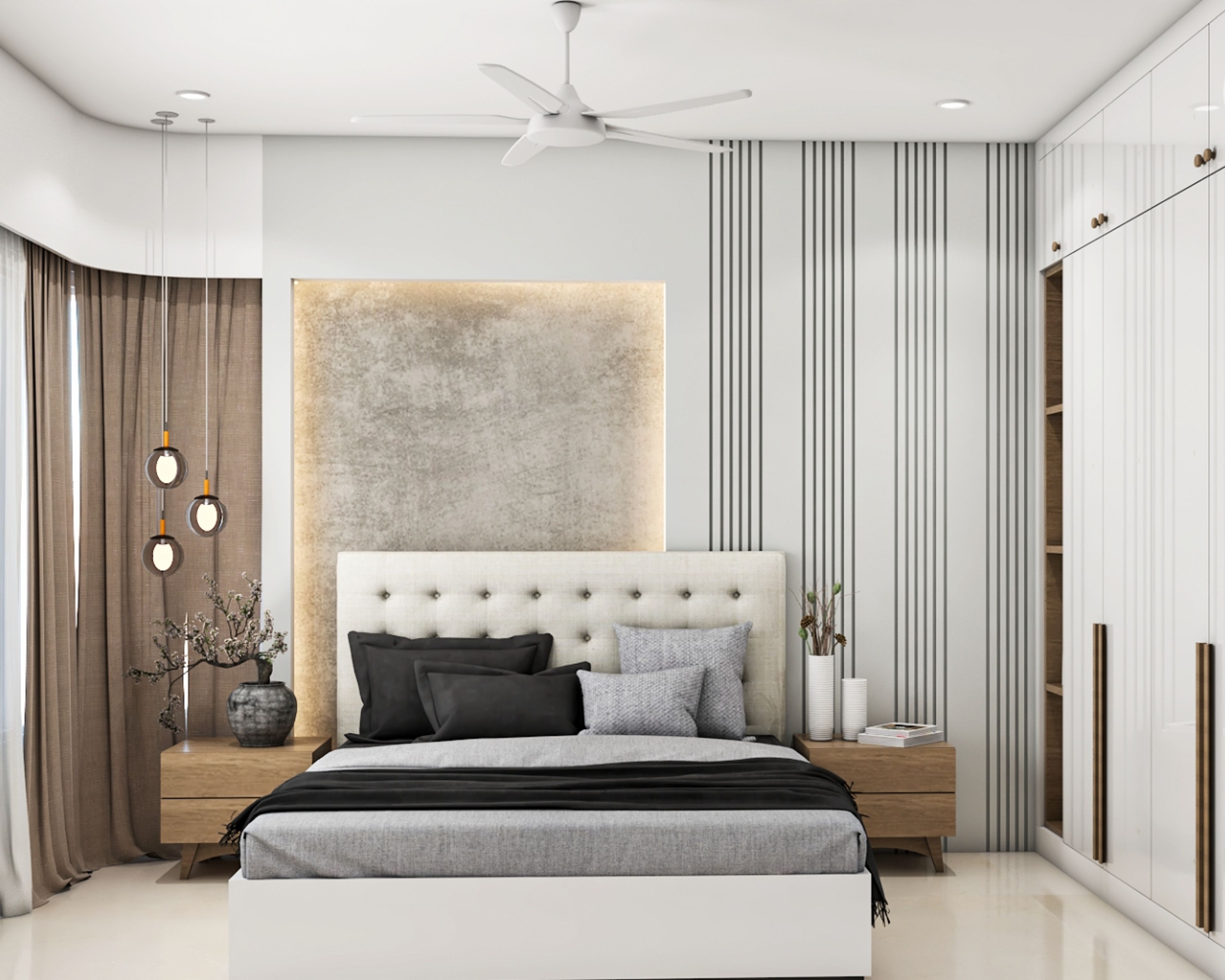 Elegant Master Bedroom Design with Grooved Wall Panels, and Pendant Lights | Livspace