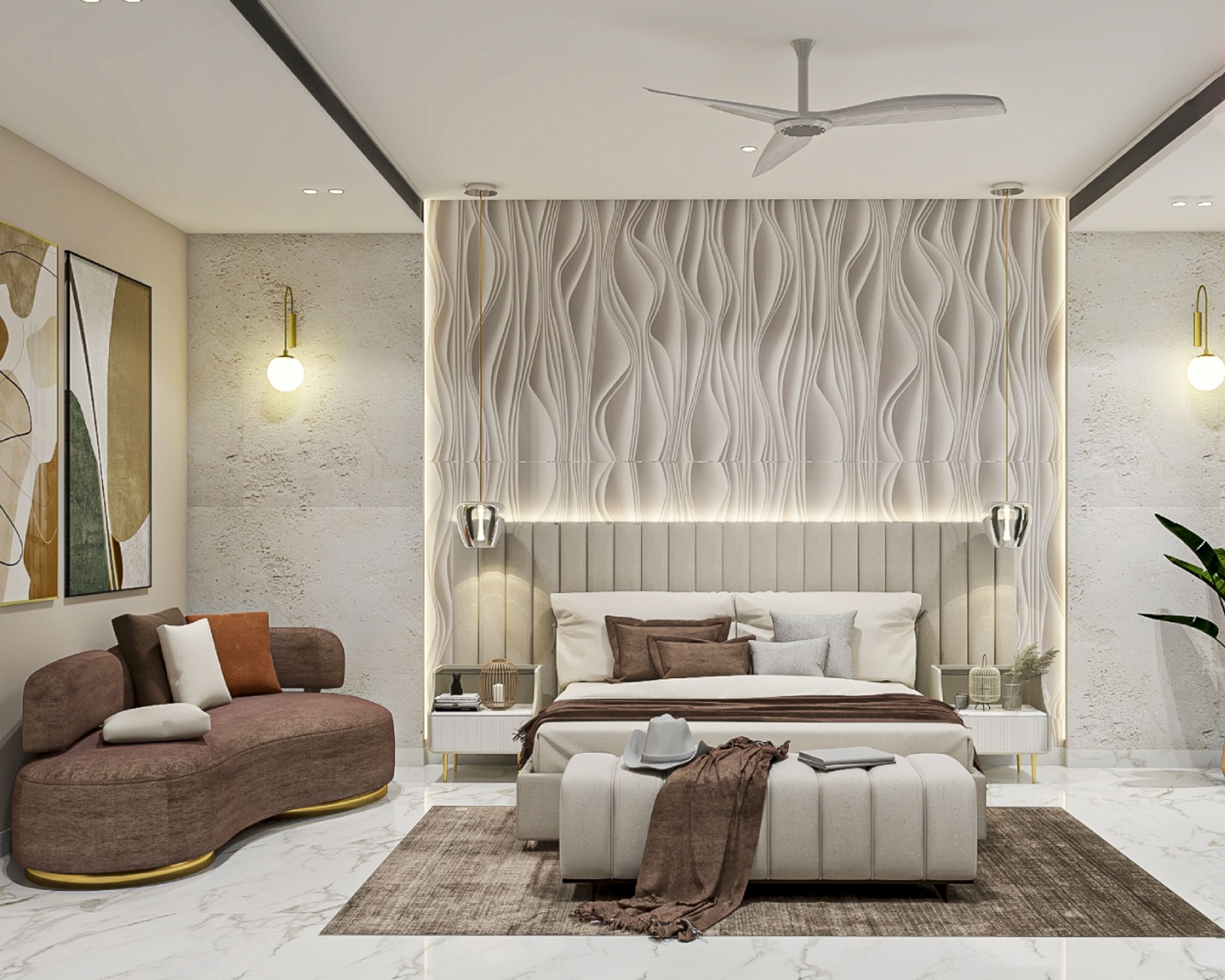 Contemporary Master Bedroom Design with Cream Headboard King Bed