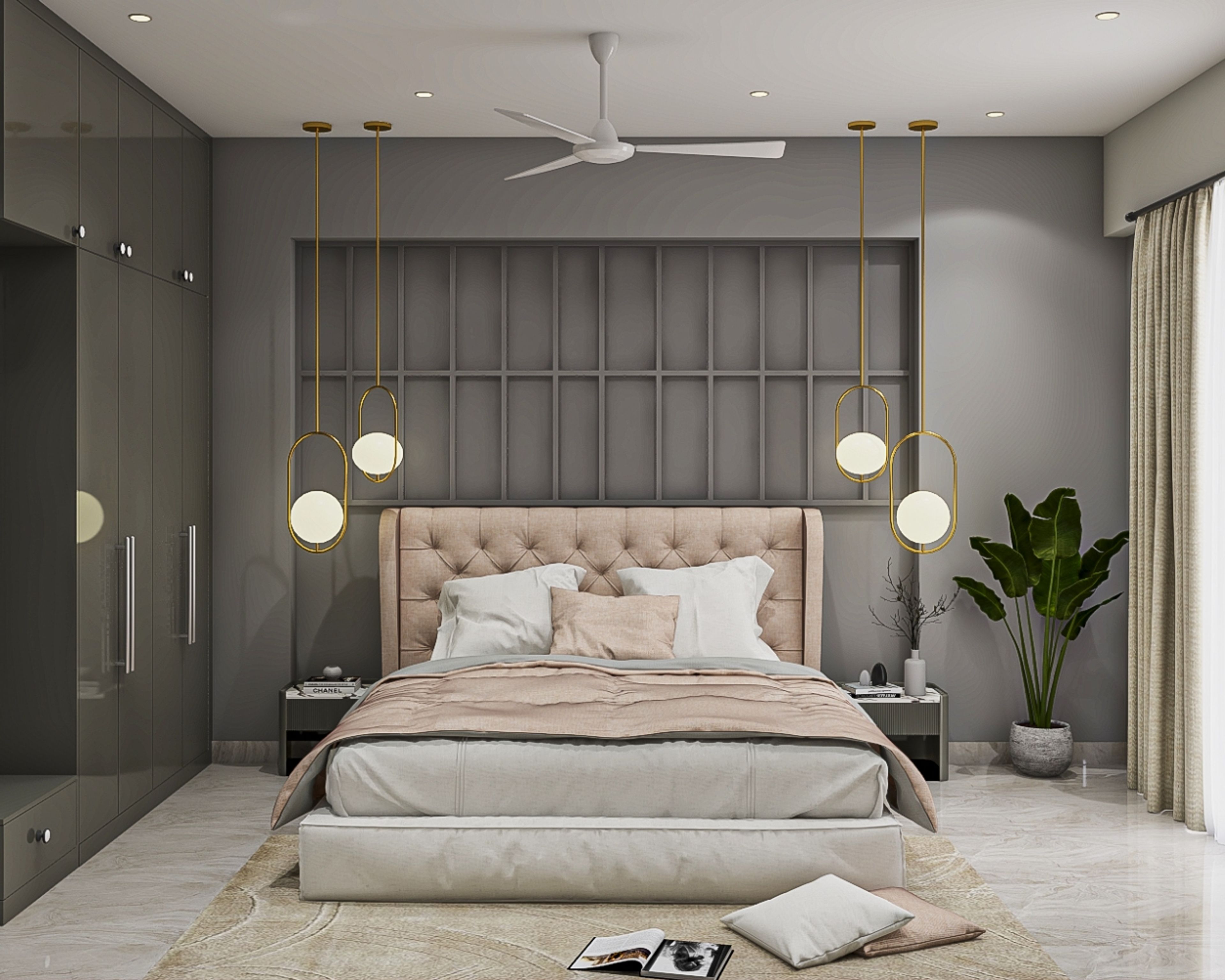Modern Master Bedroom Design with Light Pink Tufted Headboard King Bed