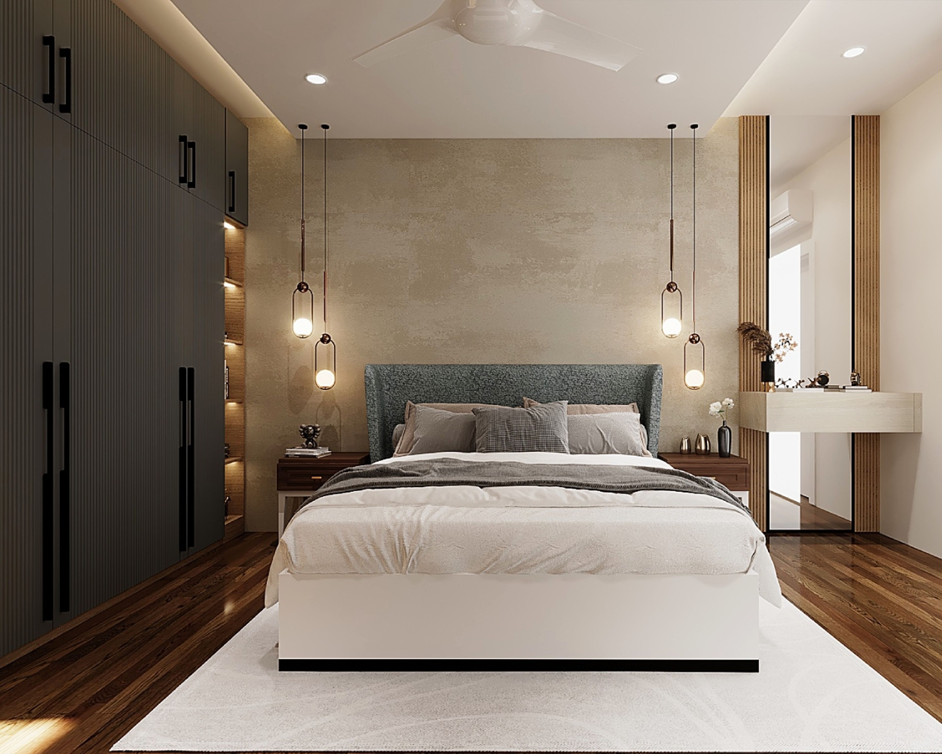 Modern Master Bedroom Design with Grey Fabricated Headboard King Bed