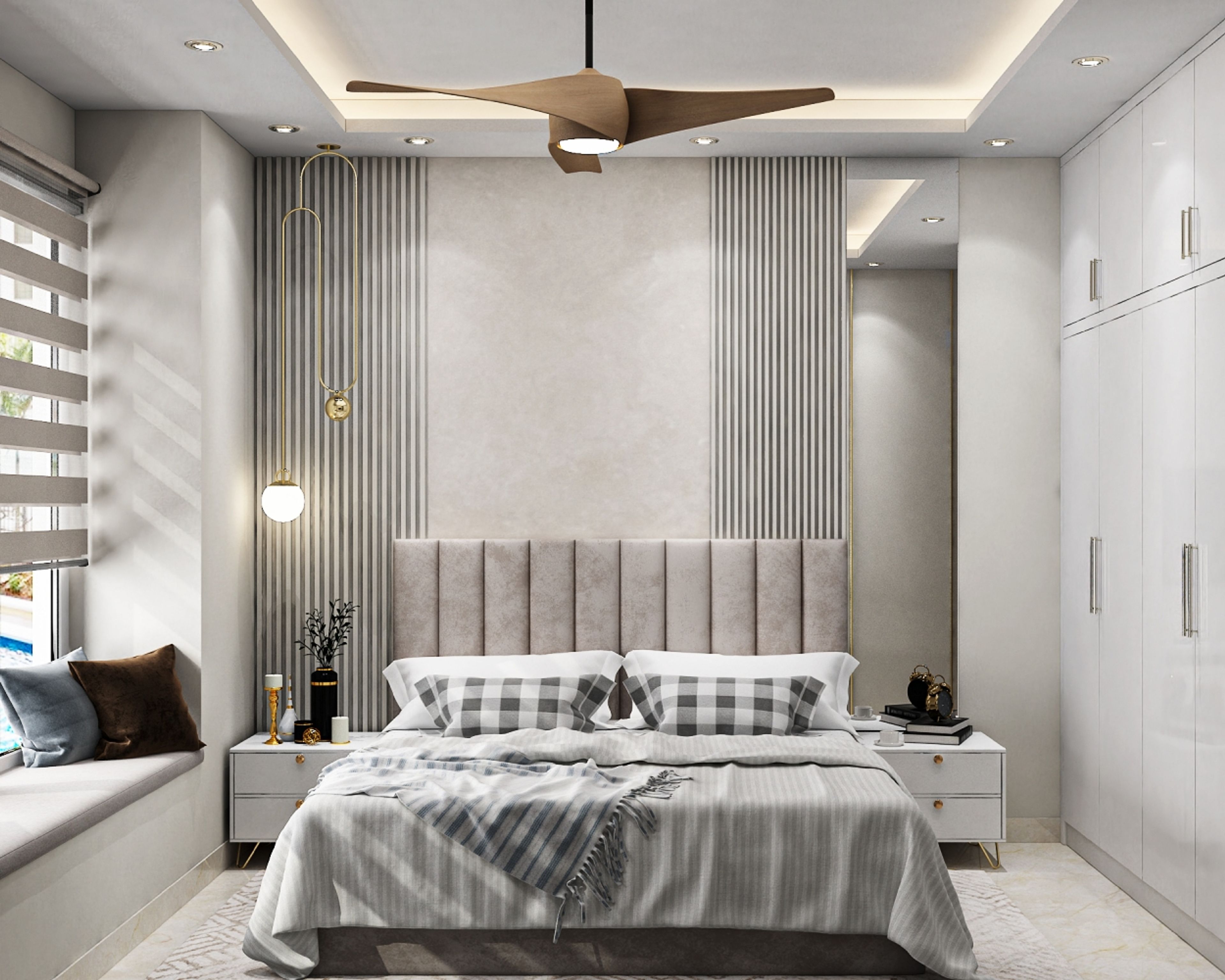 Modern Master Bedroom Design with King Bed, Fluted Panels and Neutral Tones